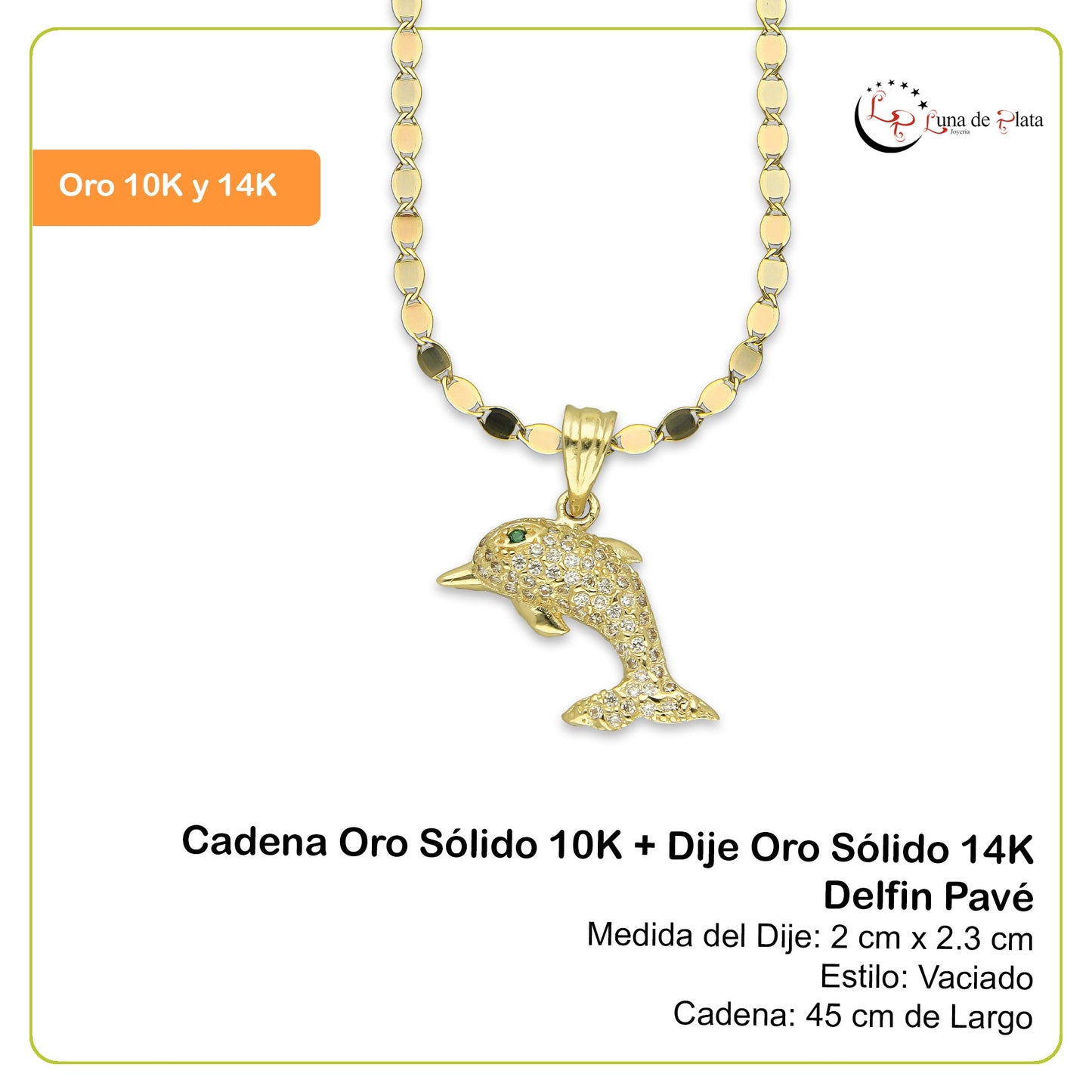 NR14DP037 Cadena Oro Sólido 10K + Dije Oro Sólido 14K Delfin Pavé 2 cm x 2.3 cm