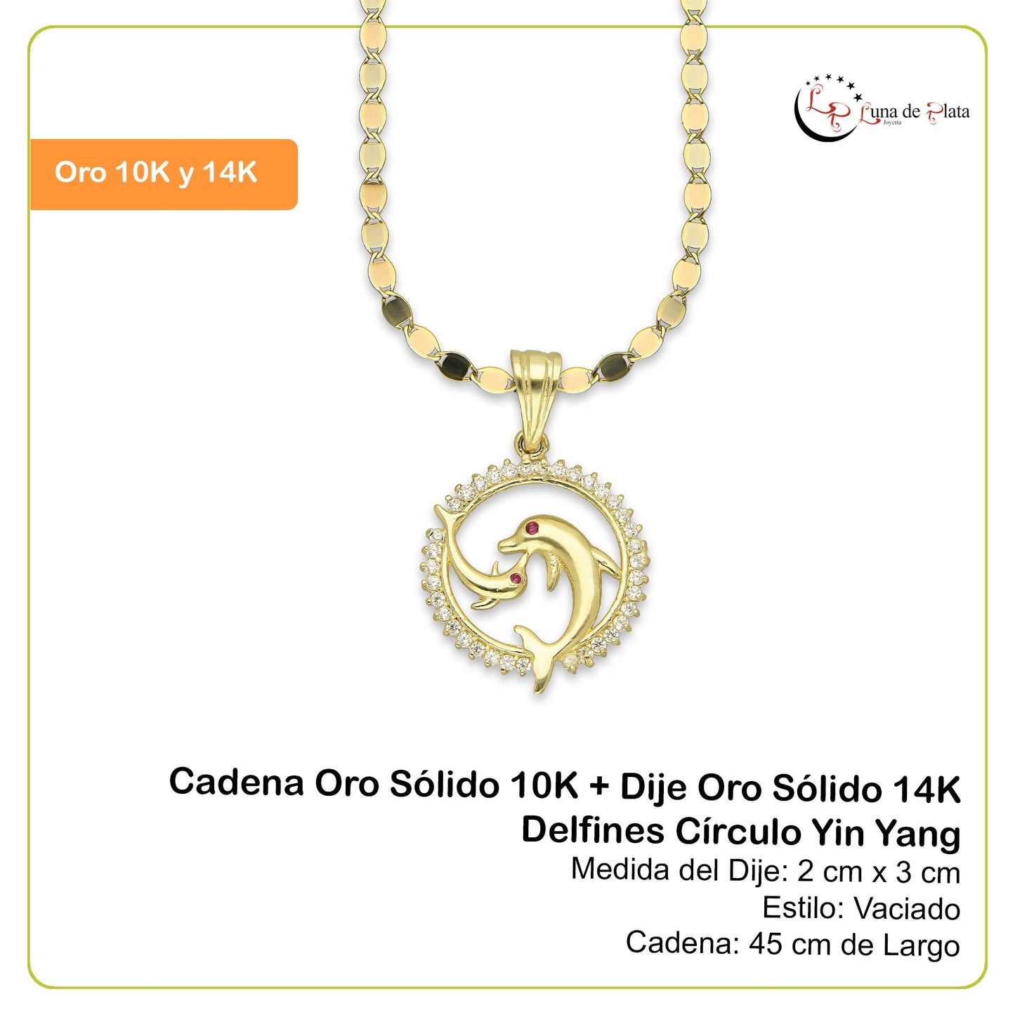 NR14DP038 Cadena Oro Sólido 10K + Dije Oro Sólido 14K Delfines Círculo Yin Yang 2 cm x 3 cm