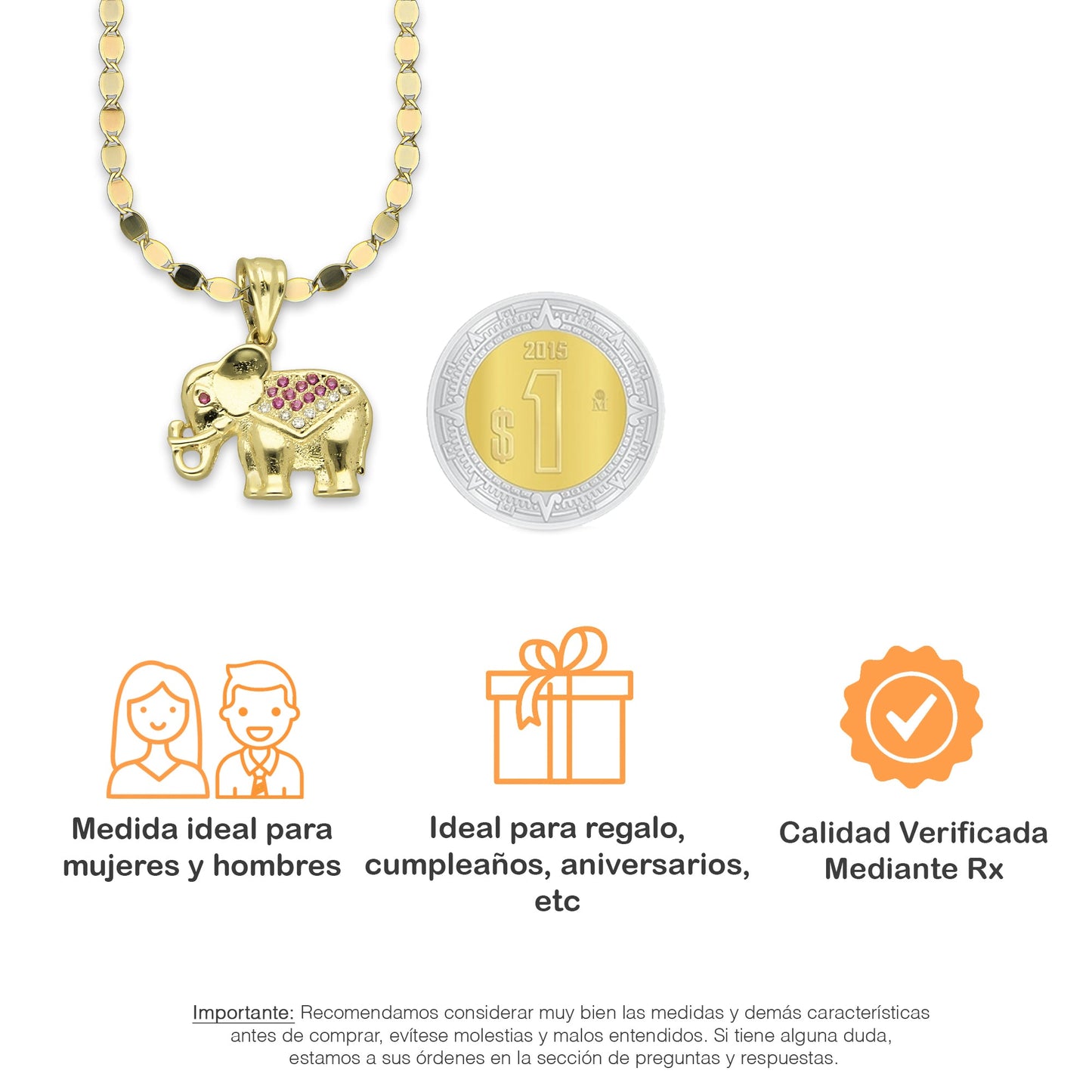NR14DP040 Cadena Oro Sólido 10K + Dije Oro Sólido 14K Elefante Manto Zirconias Rojas 1.7 cm x 2 cm