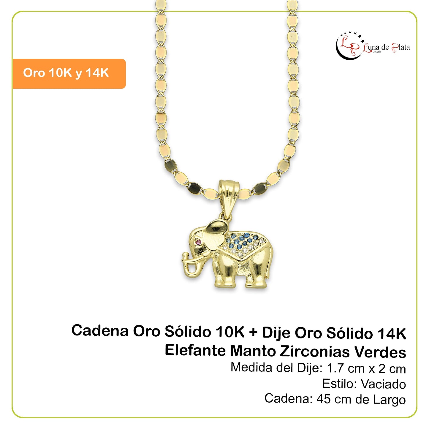 NR14DP041 Cadena Oro Sólido 10K + Dije Oro Sólido 14K Elefante Manto Zirconias Verdes 1.7 cm x 2 cm