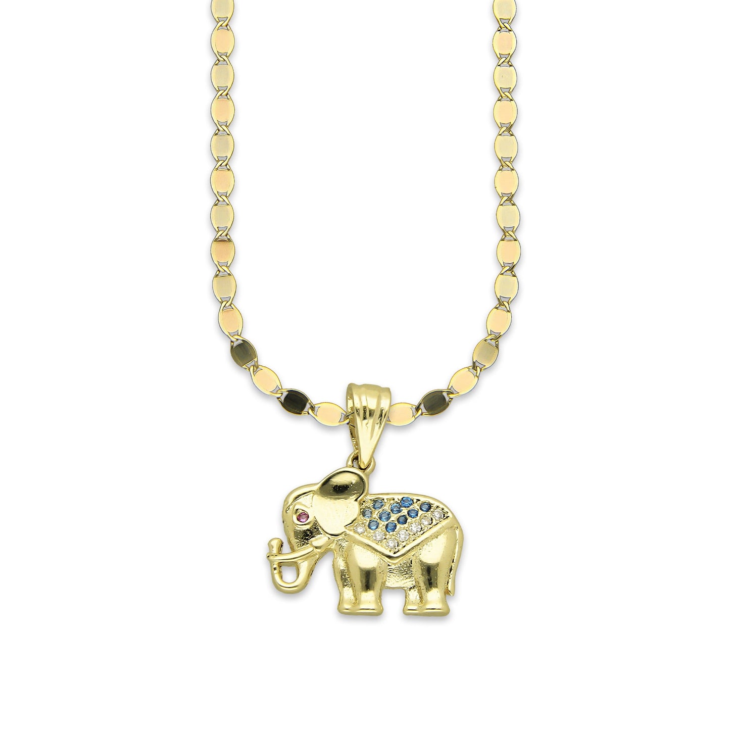 NR14DP041 Cadena Oro Sólido 10K + Dije Oro Sólido 14K Elefante Manto Zirconias Verdes 1.7 cm x 2 cm