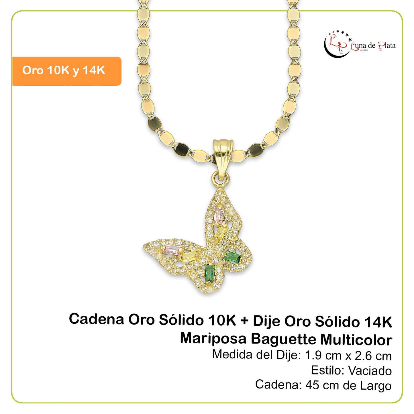 NR14DP043 Cadena Oro Sólido 10K + Dije Oro Sólido 14K Mariposa Baguette Multicolor 1.9 cm x 2.6