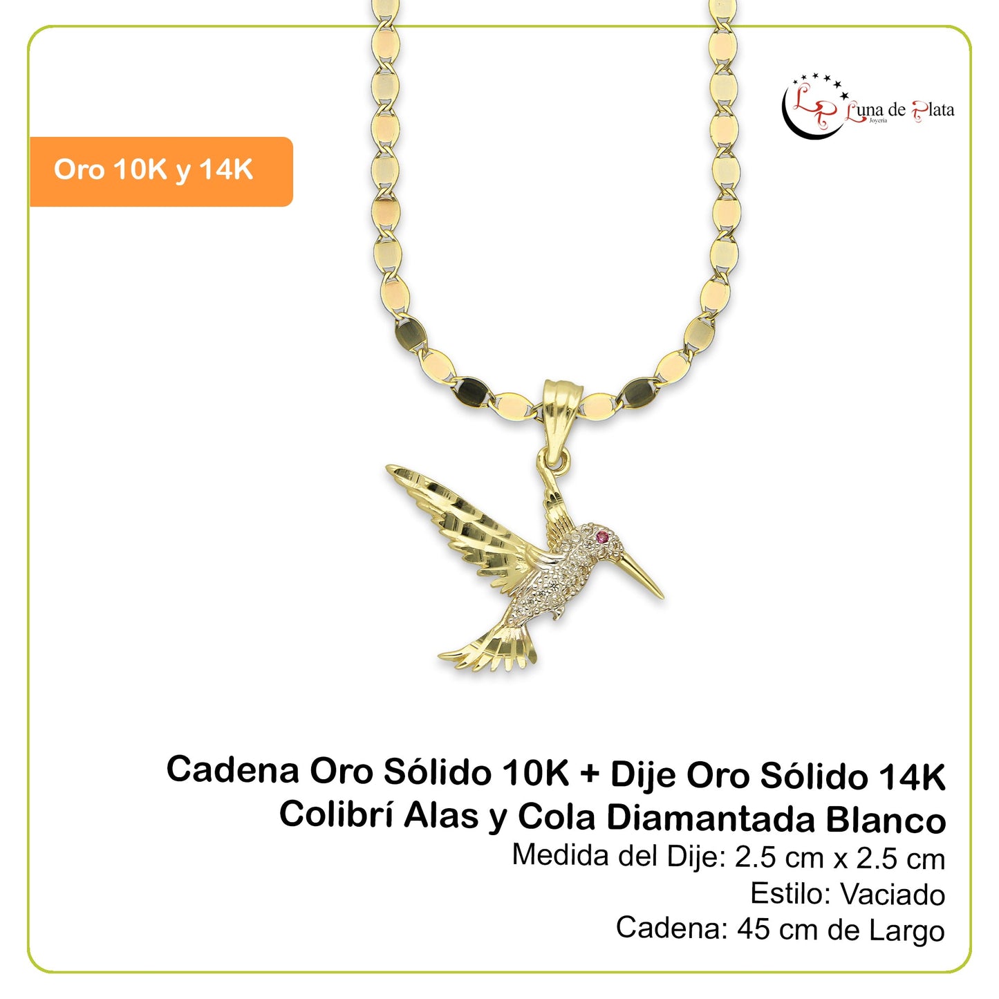 NR14DP047 Cadena Oro Sólido 10K + Dije Oro Sólido 14K Colibrí Alas y Cola Diamantada Blanco 2.5 cm x 2.5 cm