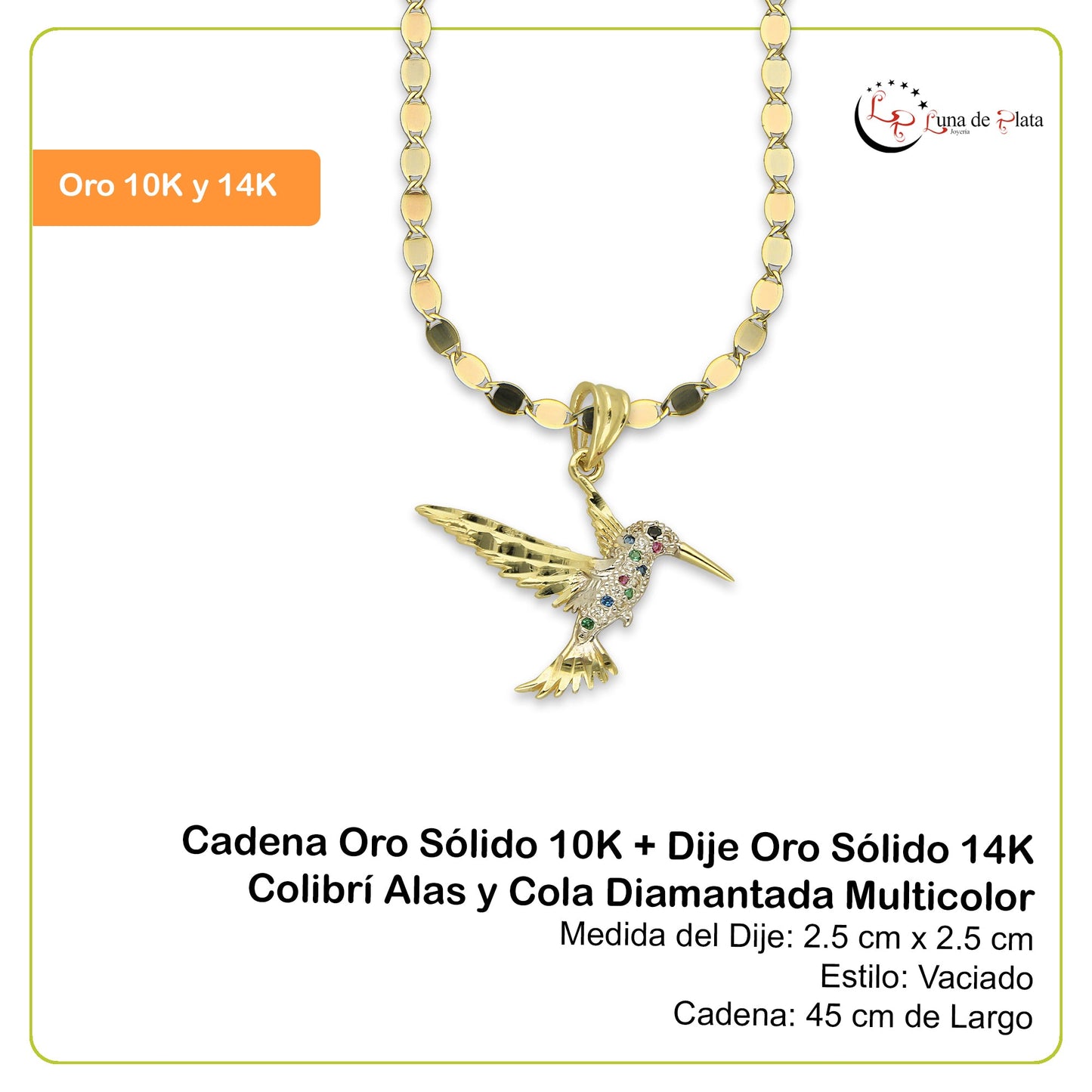 NR14DP048 Cadena Oro Sólido 10K + Dije Oro Sólido 14K Colibrí Alas y Cola Diamantada Multicolor 2.5 cm x 2.5 cm