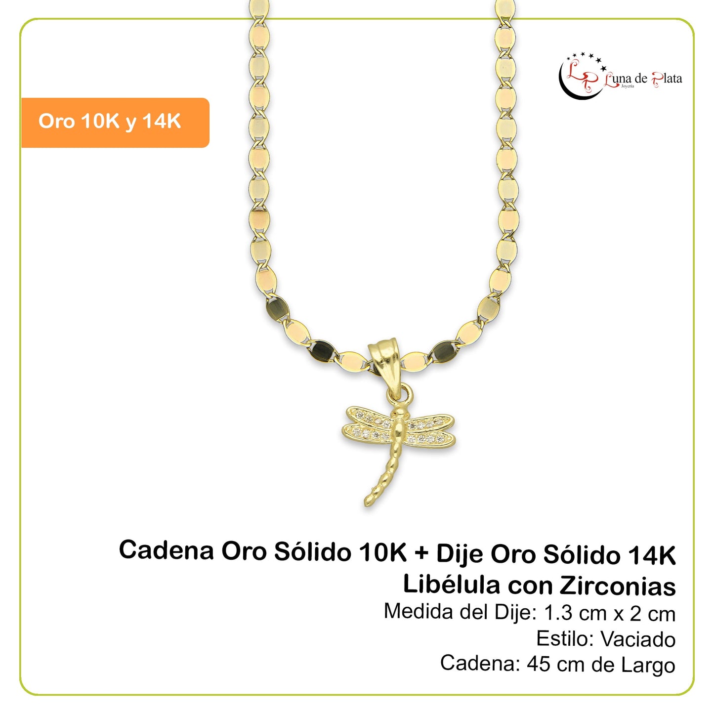 NR14DP049 Cadena Oro Sólido 10K + Dije Oro Sólido 14K Libélula con Zirconias 1.3 cm x 2 cm