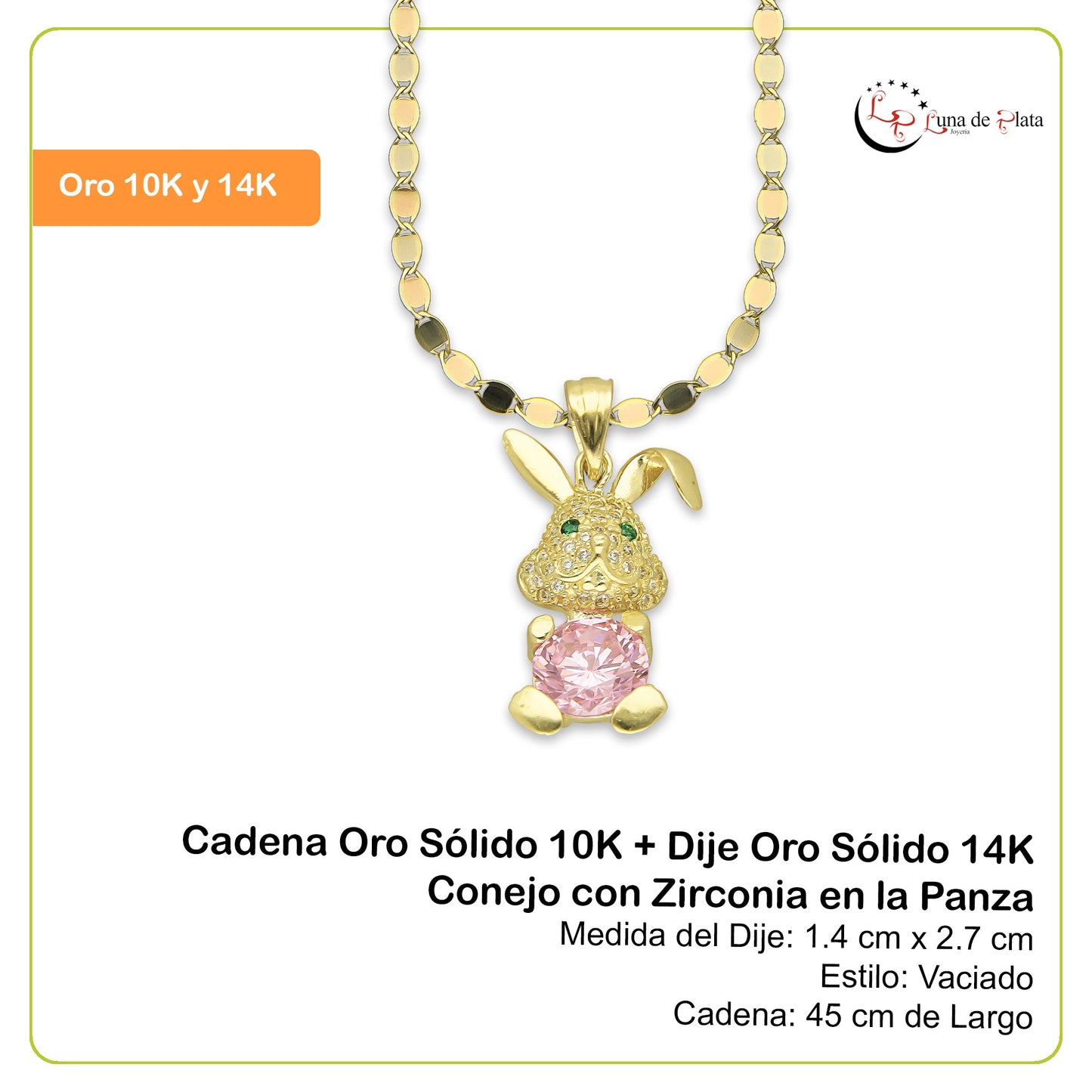NR14DP053 Cadena Oro Sólido 10K + Dije Oro Sólido 14K Conejo con Zirconia en la Panza 1.4 cm x 2.7 cm