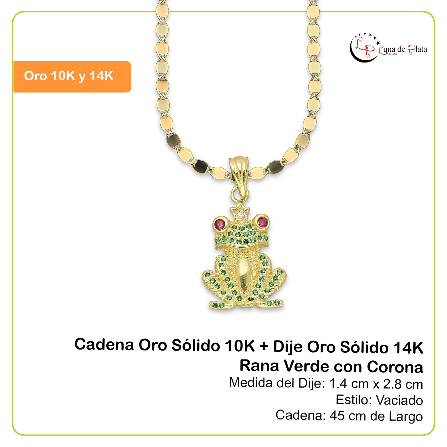 NR14DP054 Cadena Oro Sólido 10K + Dije Oro Sólido 14K Rana Verde con Corona 1.4 cm x 2.8 cm
