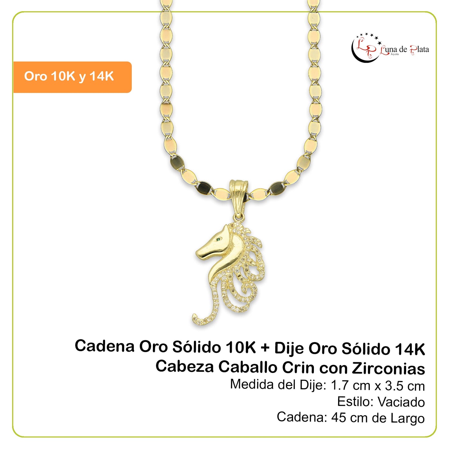 NR14DP057 Cadena Oro Sólido 10K + Dije Oro Sólido 14K Cabeza Caballo Crin con Zirconias 1.7 cm x 3.5 cm