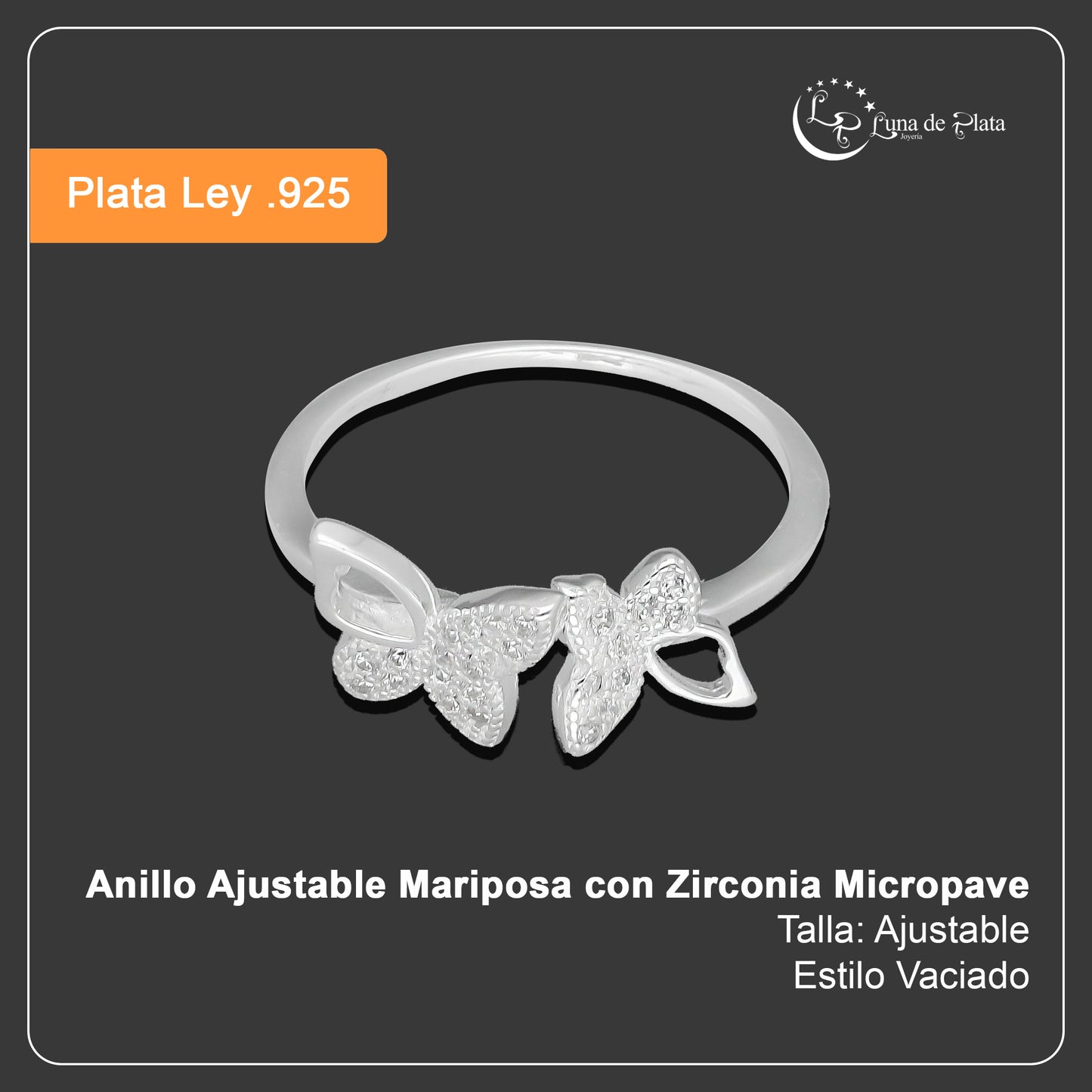TMPAD012 Anillo Ajustable de Mariposa con Zirconia de Micropave en Plata Fina .925