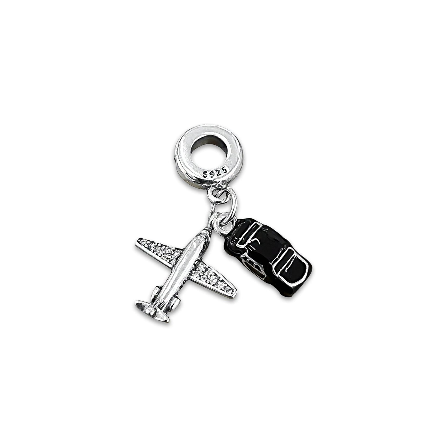 TMPCH009 Dije Charm Pand Avión con Zirconias y Coche Negro en Plata Fina .925