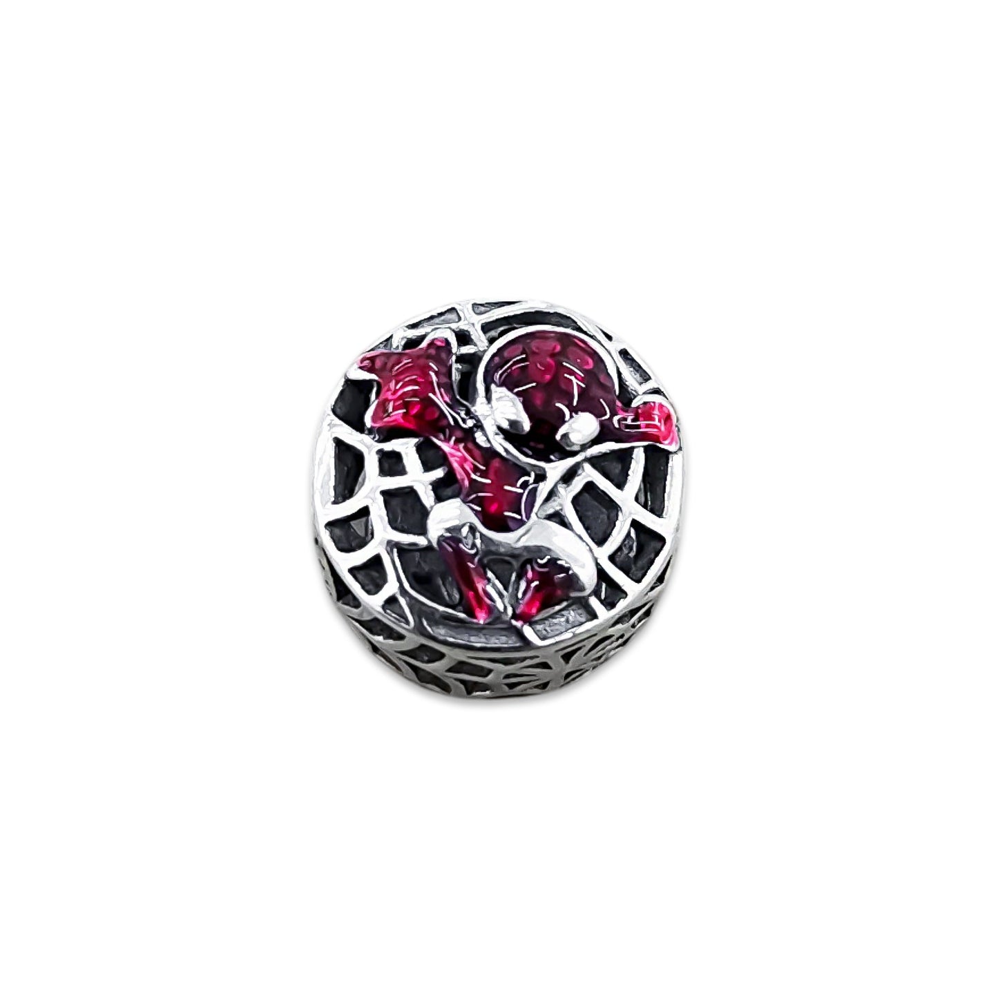 TMPCH053 Dije Charm Pand Círculo Telarañas Spiderman Esmaltado Rojo en Plata Fina .925