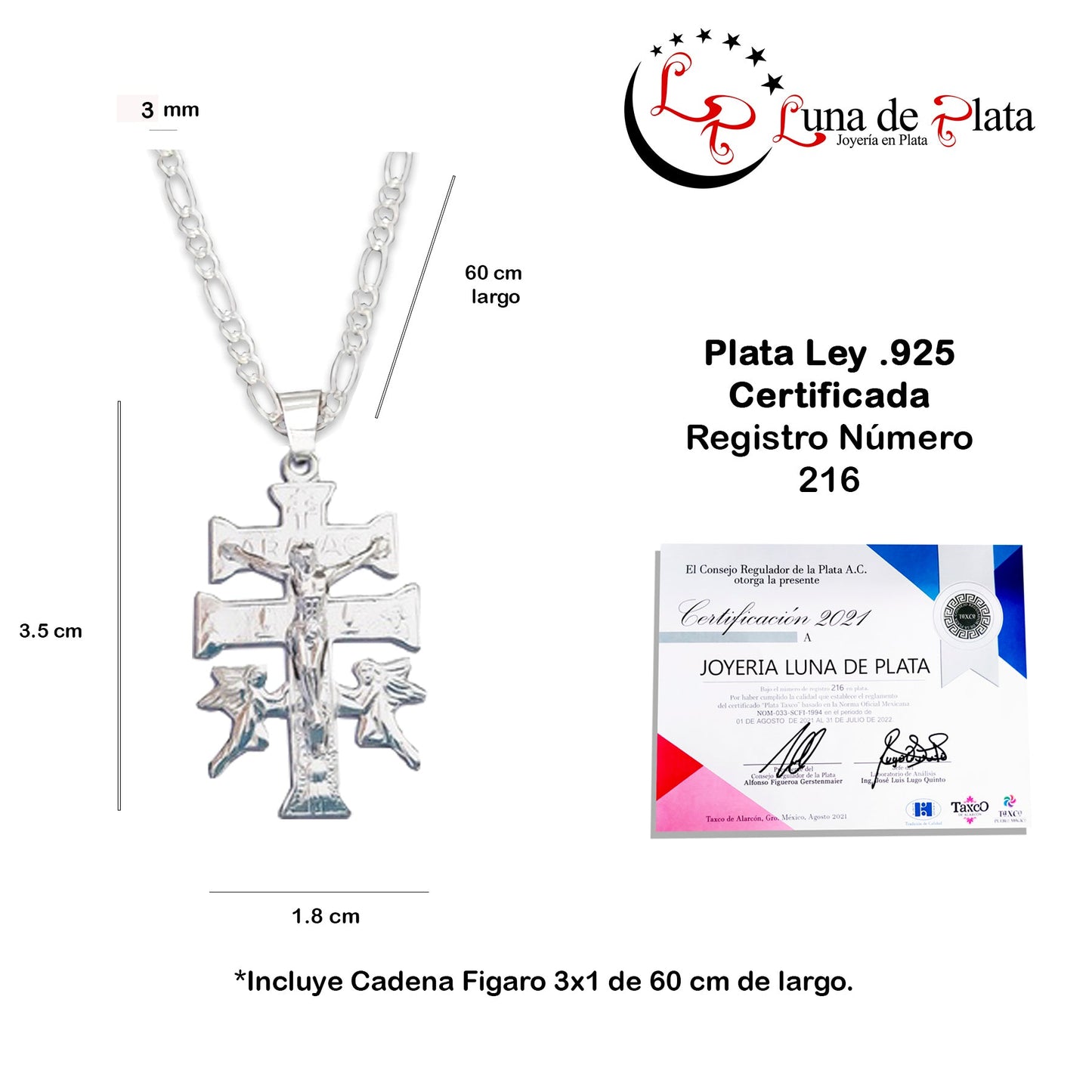 LPDP080 Dije Cruz Caravaca Slim + Cadena 60 cm Plata .925 Taxco Gro 1438563886