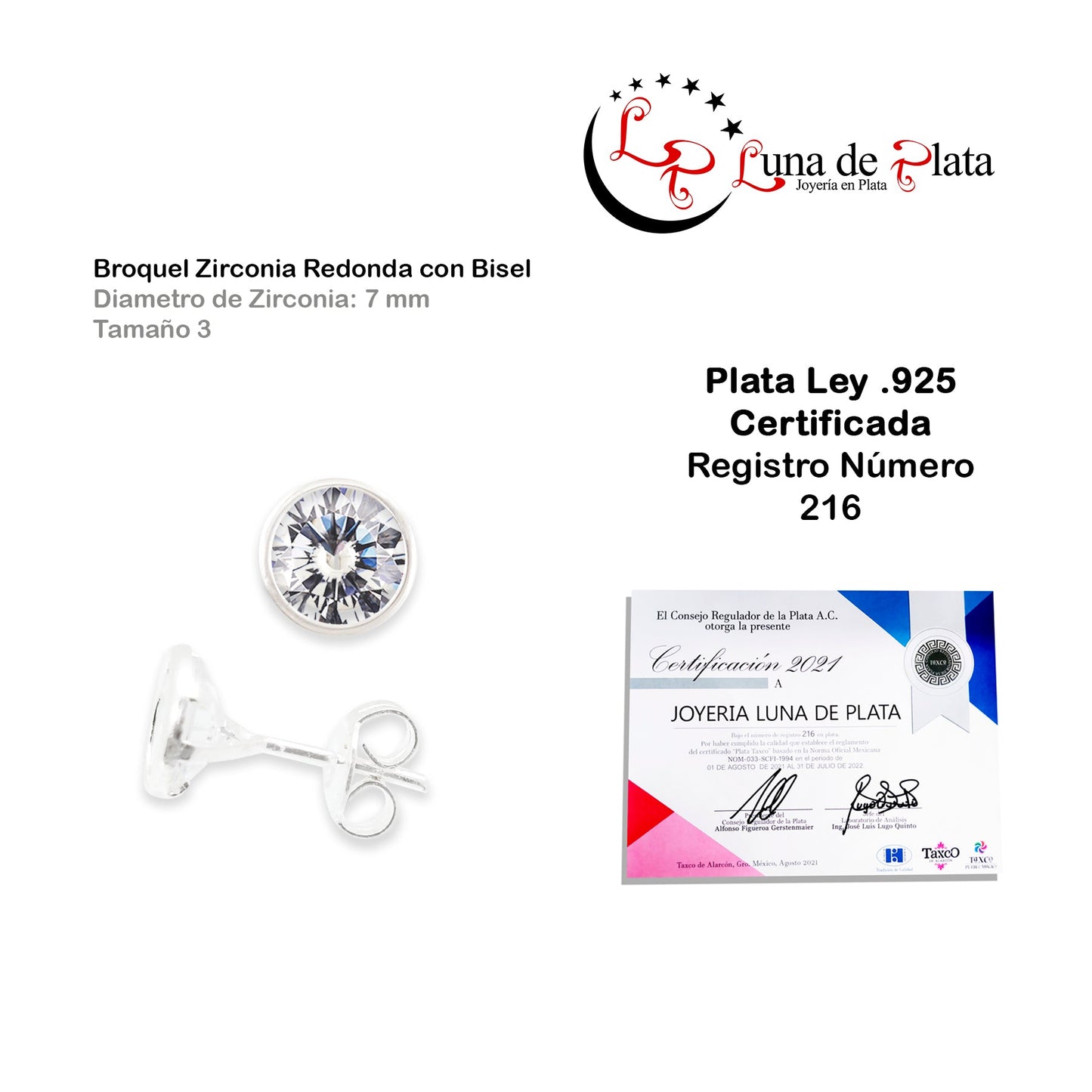 LPAP044 Aretes Broquel Zirconia Red C B 7 mm Tam 3 Plata .925 Taxco 1441666653