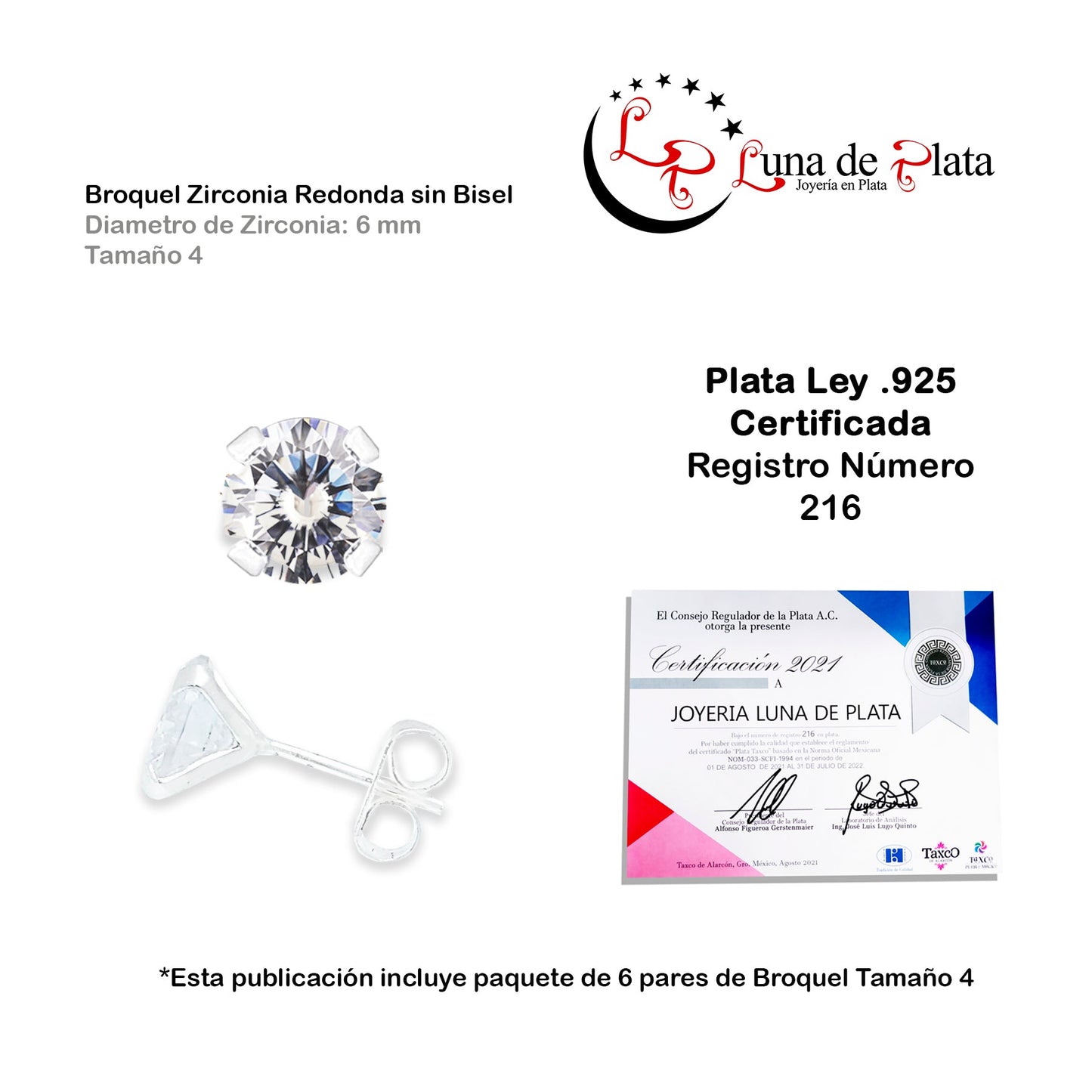 LPAPP004 Aretes Broquel Zirc Pack 6 Pzas Mayoreo Tam 4 6 mm Plata .925 1442215214