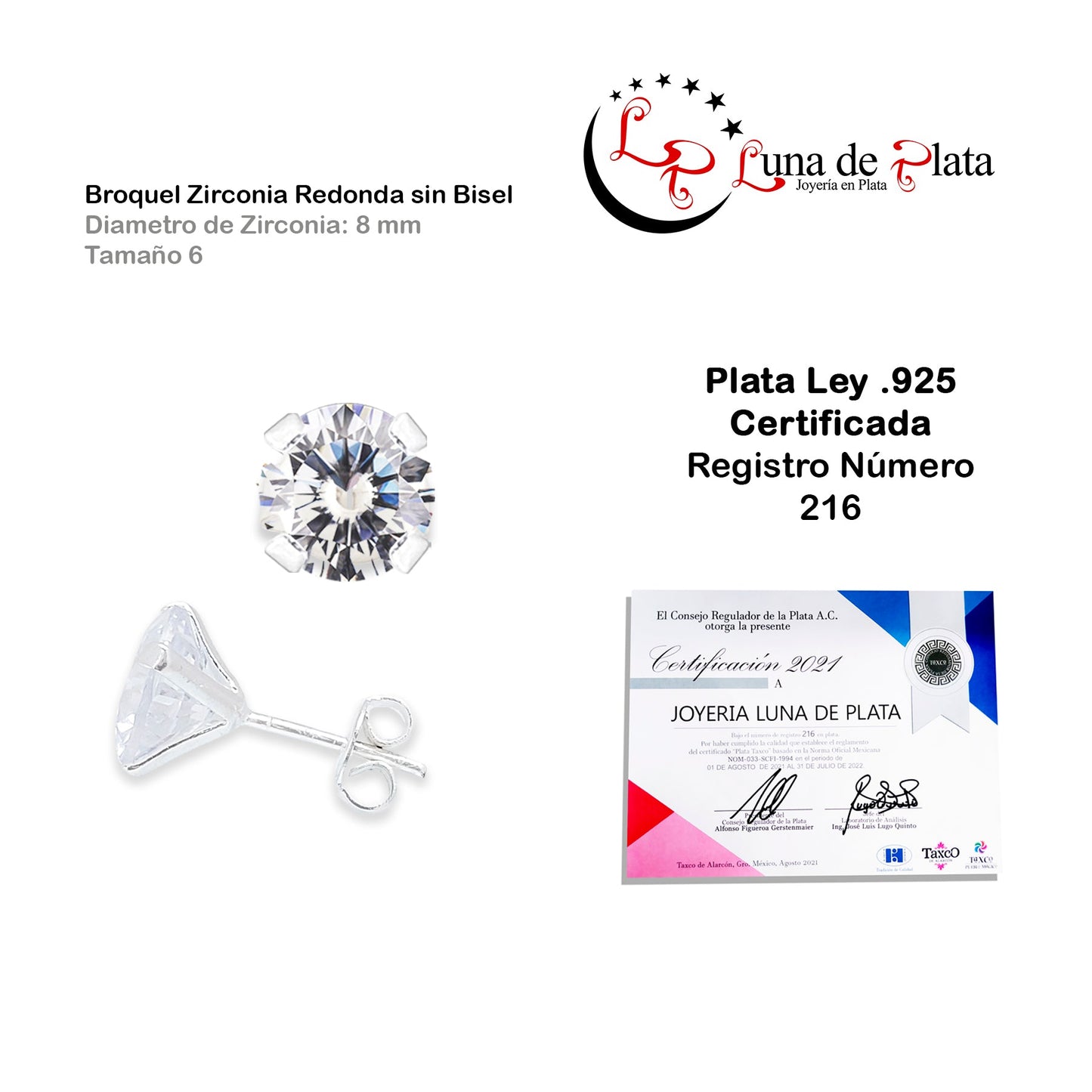 LPAP037 Aretes Broquel Zirconia Red S B 8 mm Tam 6 Plata .925 Taxco 1440226420