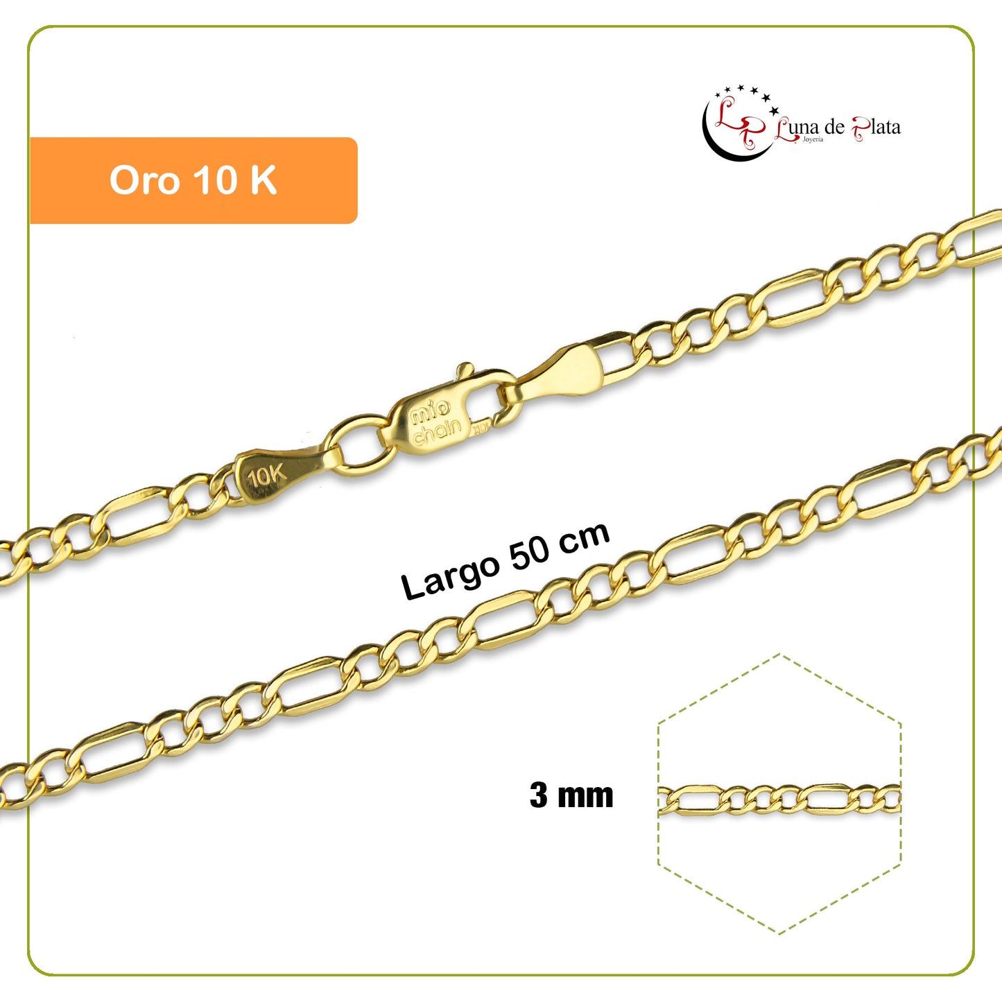 MR10CU003-50 Cadena Oro Sólido 10K EMF10 Modelo Figaro 3*1 3 mm x 50 cm