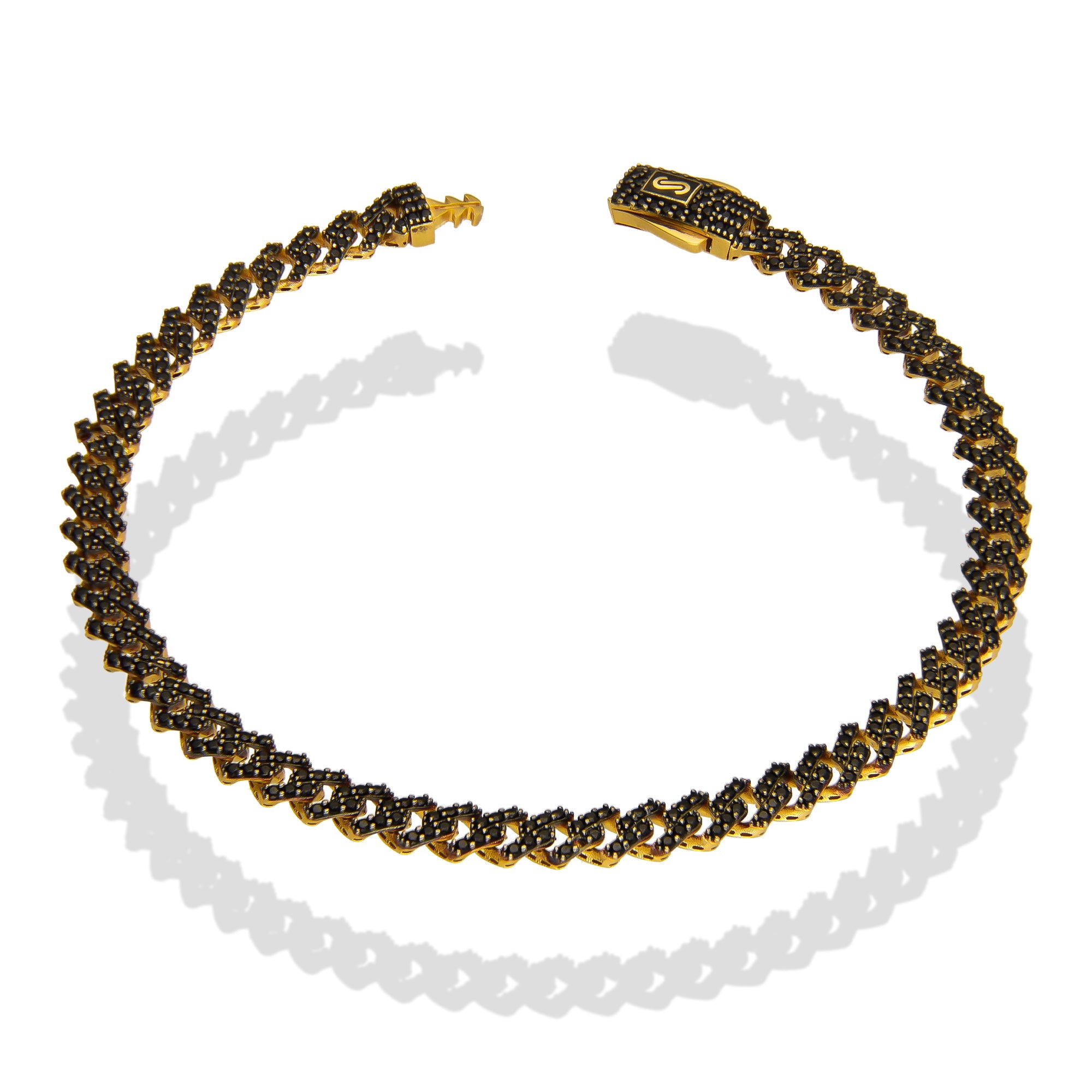 DG14PC001 Pulsera Para Caballero Oro Sólido 14K Mónaco Chain Mod Hexágono Zirc Negras 5 mm x 21 cm