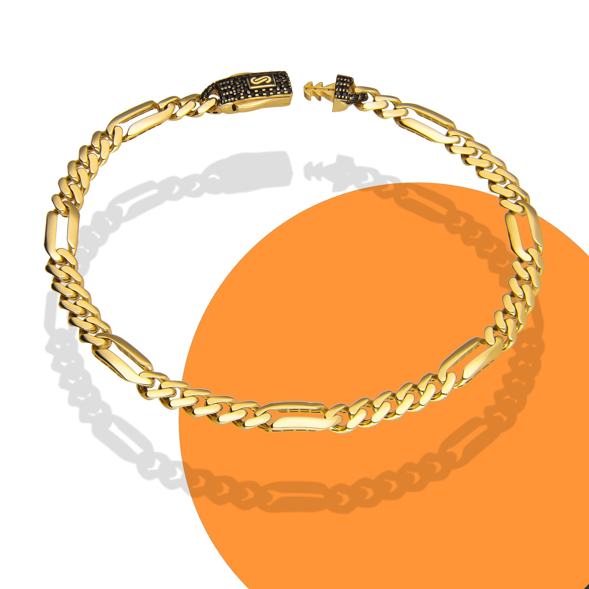 DG14PC002 Pulsera Para Caballero Oro Sólido 14K Mónaco Chain Mod Fígaro Lisa 5 mm x 21 cm
