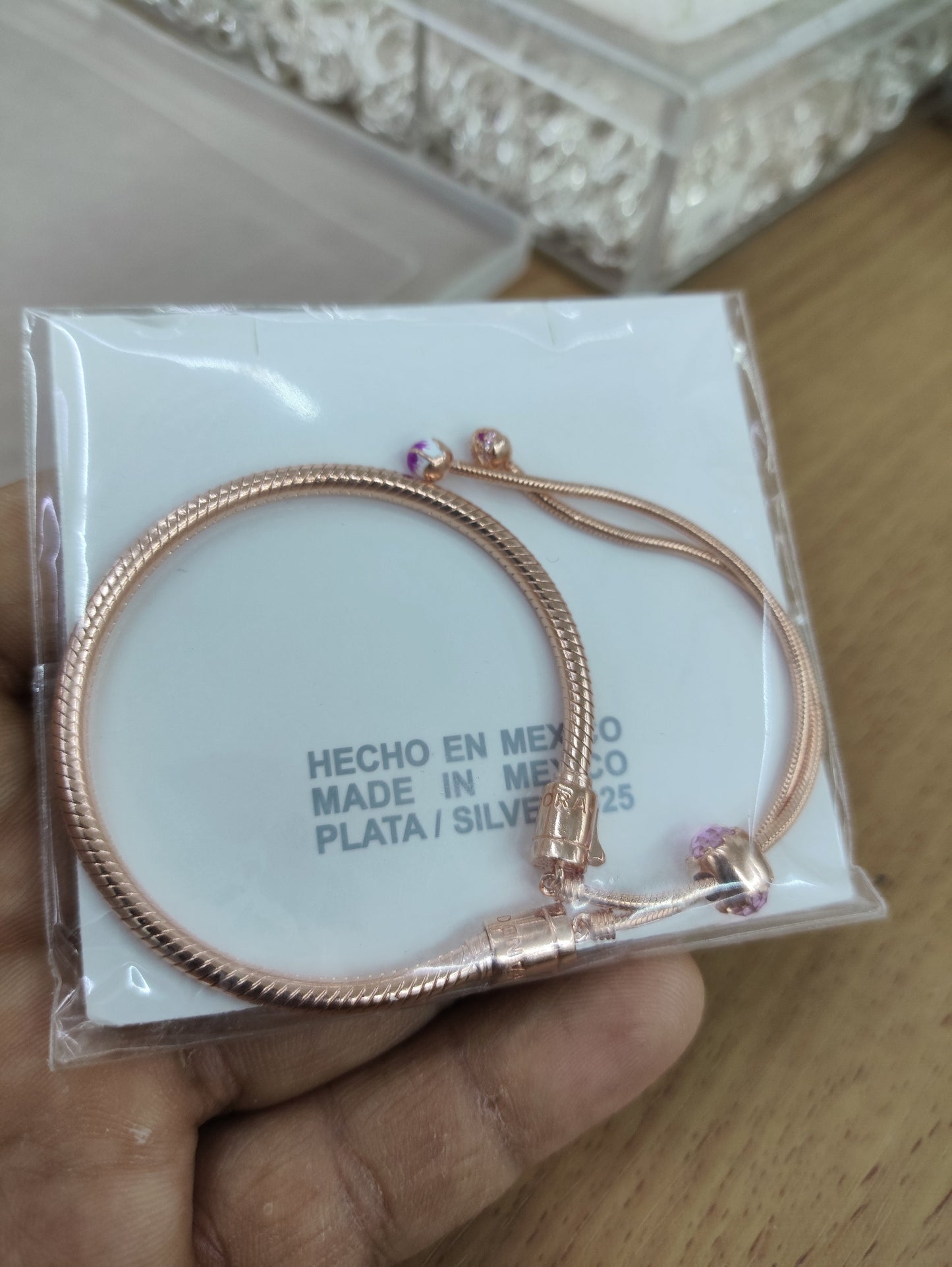 TMPPD015 Pulsera Dama Pand Plata Rosa Broche Zirconia Rosa Ajustable en Plata Fina .925