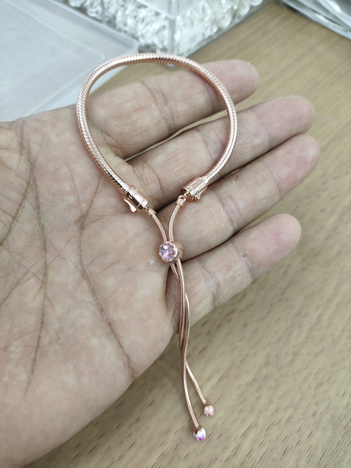 TMPPD015 Pulsera Dama Pand Plata Rosa Broche Zirconia Rosa Ajustable en Plata Fina .925