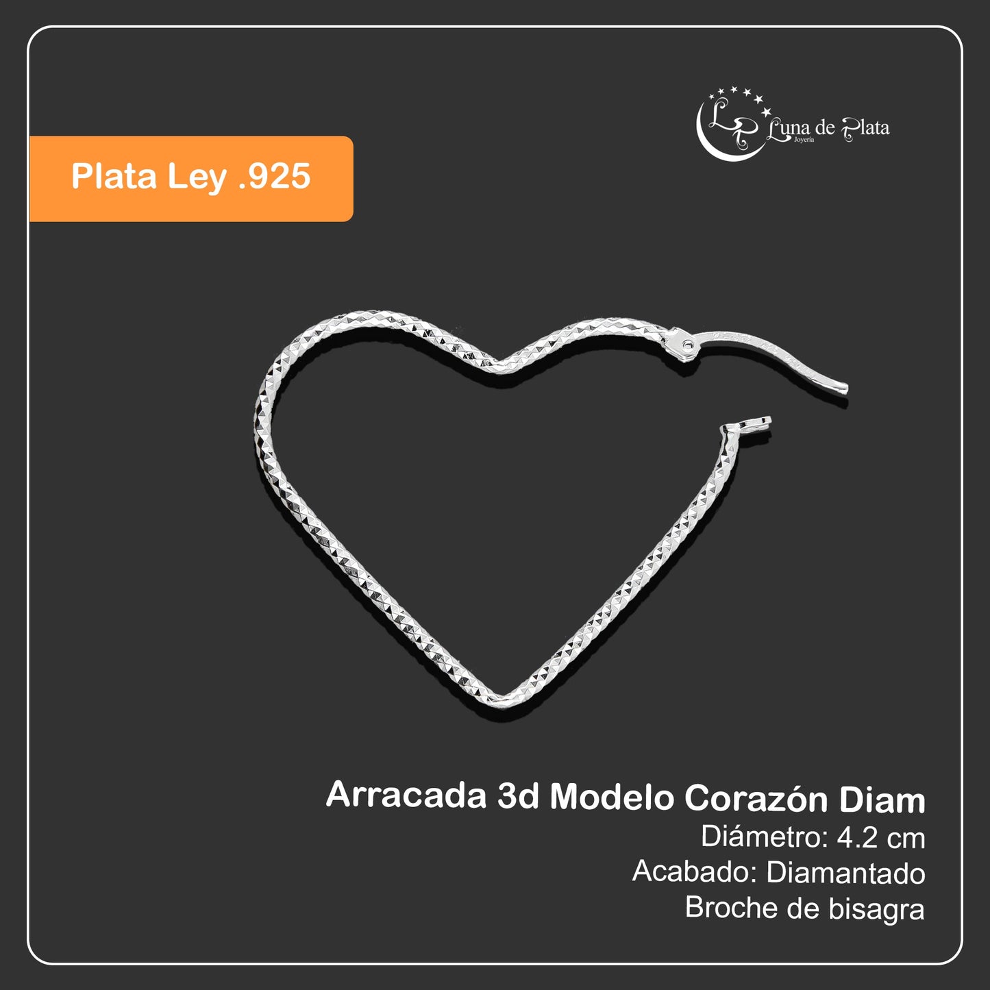 LPA3D015 Arracada 3d Modelo Corazón Diamantado Plata .925 Taxco Gro 2054499119