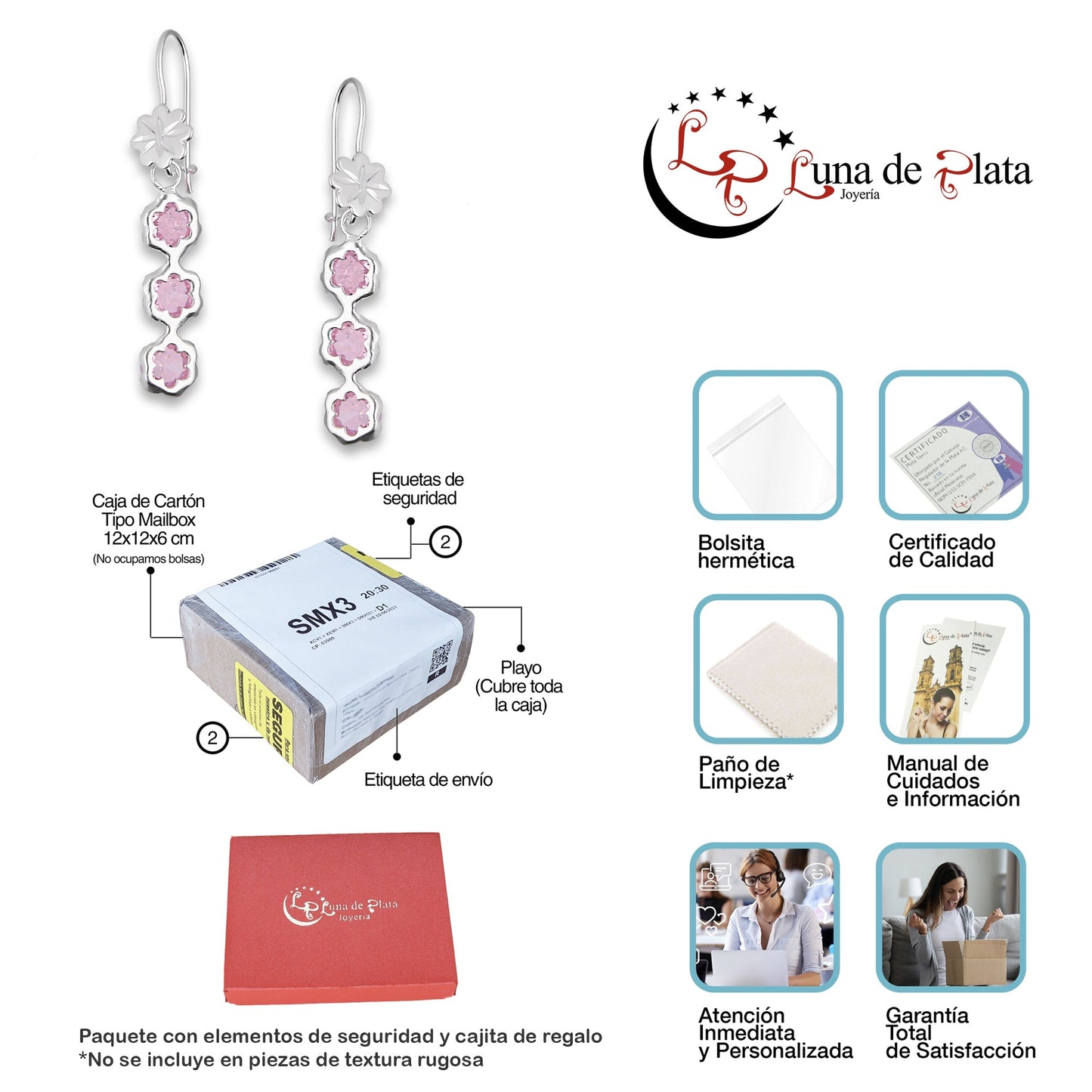 LPAA010 Aretes De Arillo Dama Eslabones Flor Rosa en Plata .925 MLM2855914483
