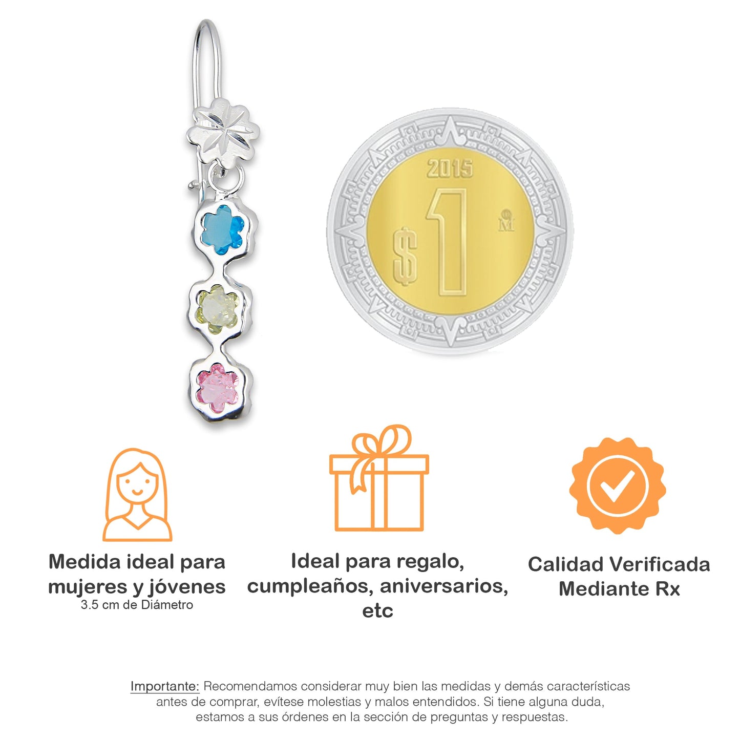 LPAA011 Aretes De Arillo Dama Eslabones Flor Multicolor en Plata .925 MLM5165650114