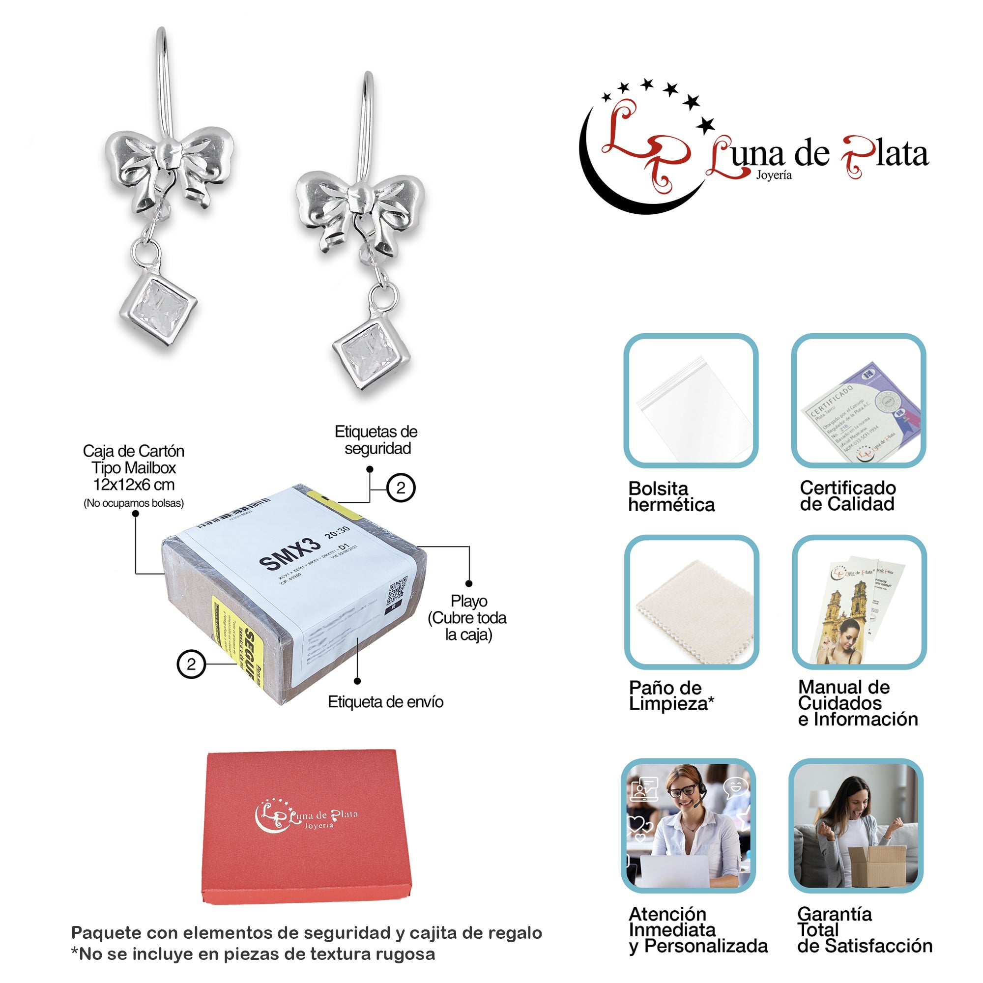 LPAA016 Aretes De Arillo Dama Moño con Rombo Zirconia Blanca en Plata .925 MLM5165619100