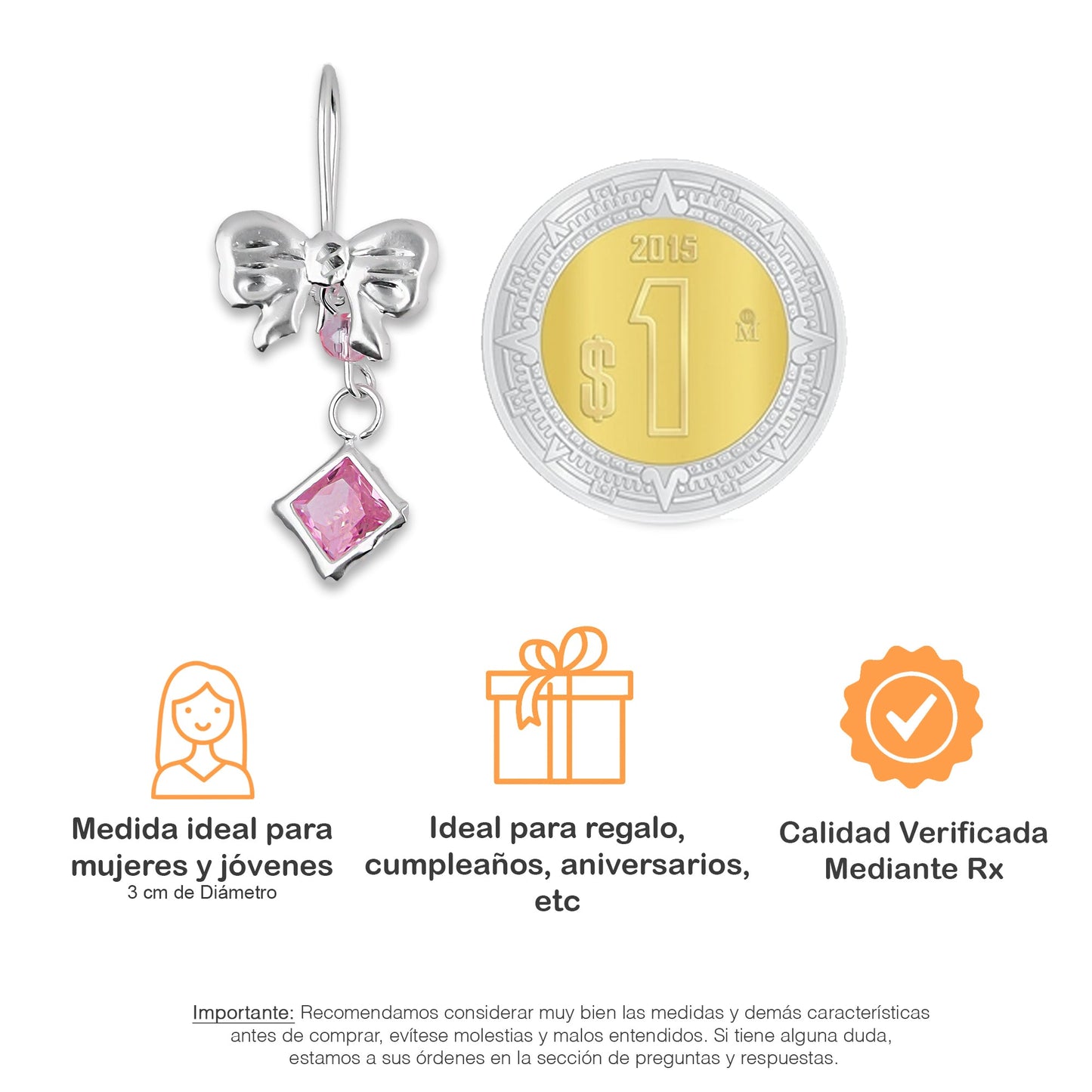 LPAA017 Aretes De Arillo Dama Moño con Rombo Zirconia Rosa en Plata .925 MLM5165630132