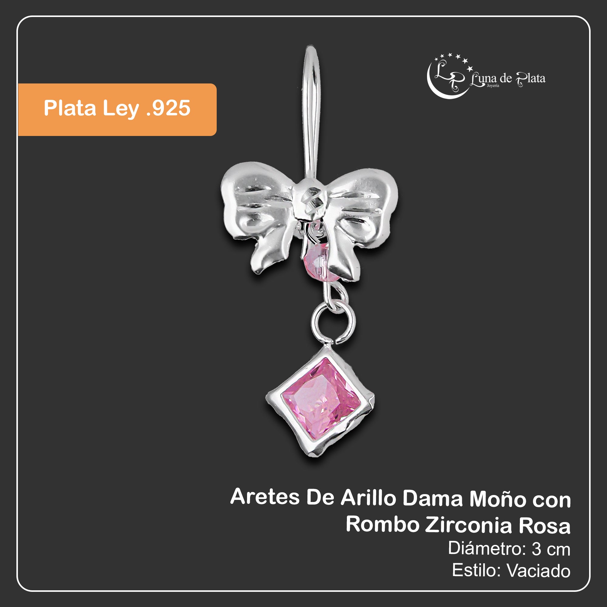 LPAA017 Aretes De Arillo Dama Moño con Rombo Zirconia Rosa en Plata .925 MLM5165630132