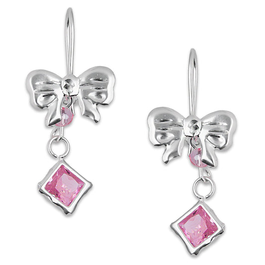 LPAA017 Aretes De Arillo Dama Moño con Rombo Zirconia Rosa en Plata .925 MLM5165630132