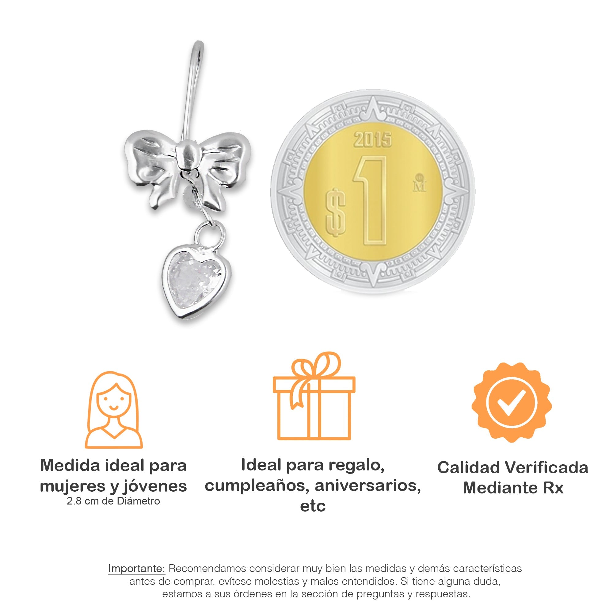 LPAA020 Aretes De Arillo Dama Moño Corazón con Zirconia Blanca en Plata .925 MLM5165619038