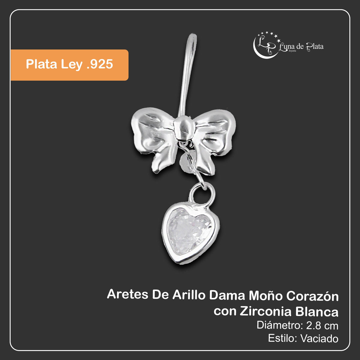 LPAA020 Aretes De Arillo Dama Moño Corazón con Zirconia Blanca en Plata .925 MLM5165619038