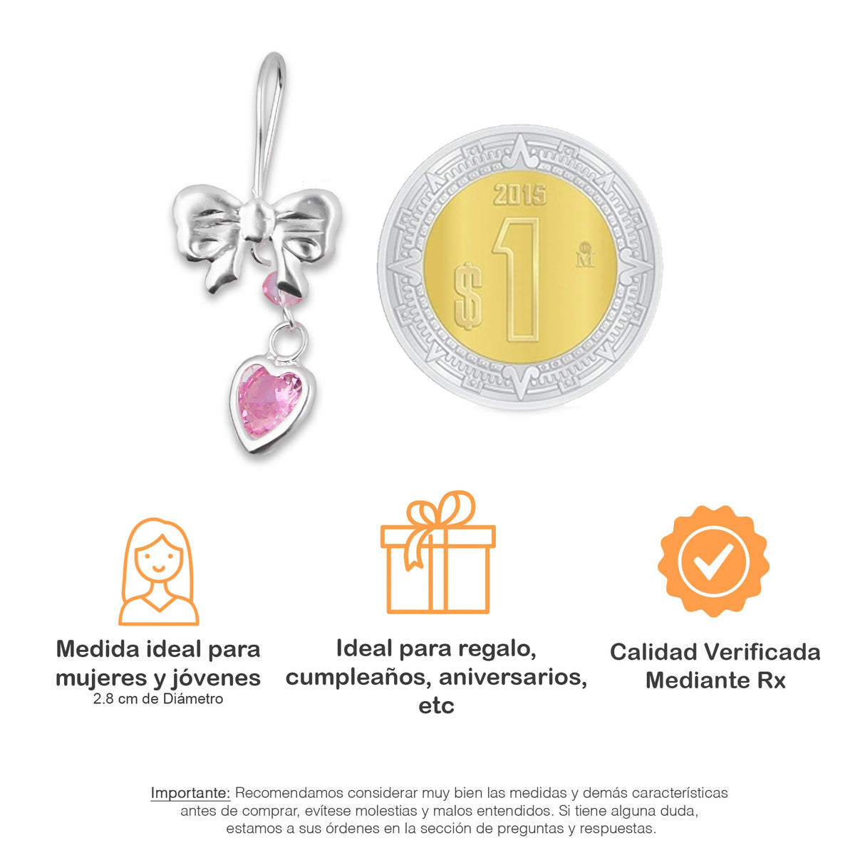 LPAA021 Aretes De Arillo Dama Moño Corazón con Zirconia Rosa en Plata .925 MLM2855914657