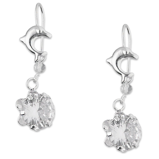 LPAA022 Aretes De Arillo Dama Delfin con Zirconia Redonda de 10 mm Blanca en Plata .925 MLM2855914531