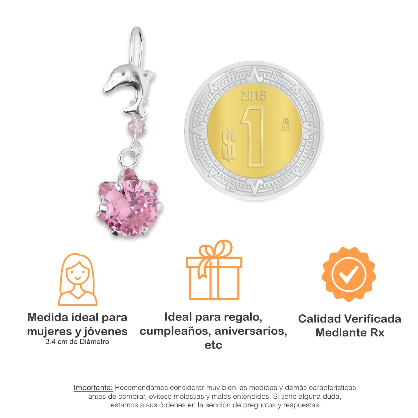 LPAA023 Aretes De Arillo Dama Delfin con Zirconia Redonda de 10 mm Rosa en Plata .925 MLM2855914505