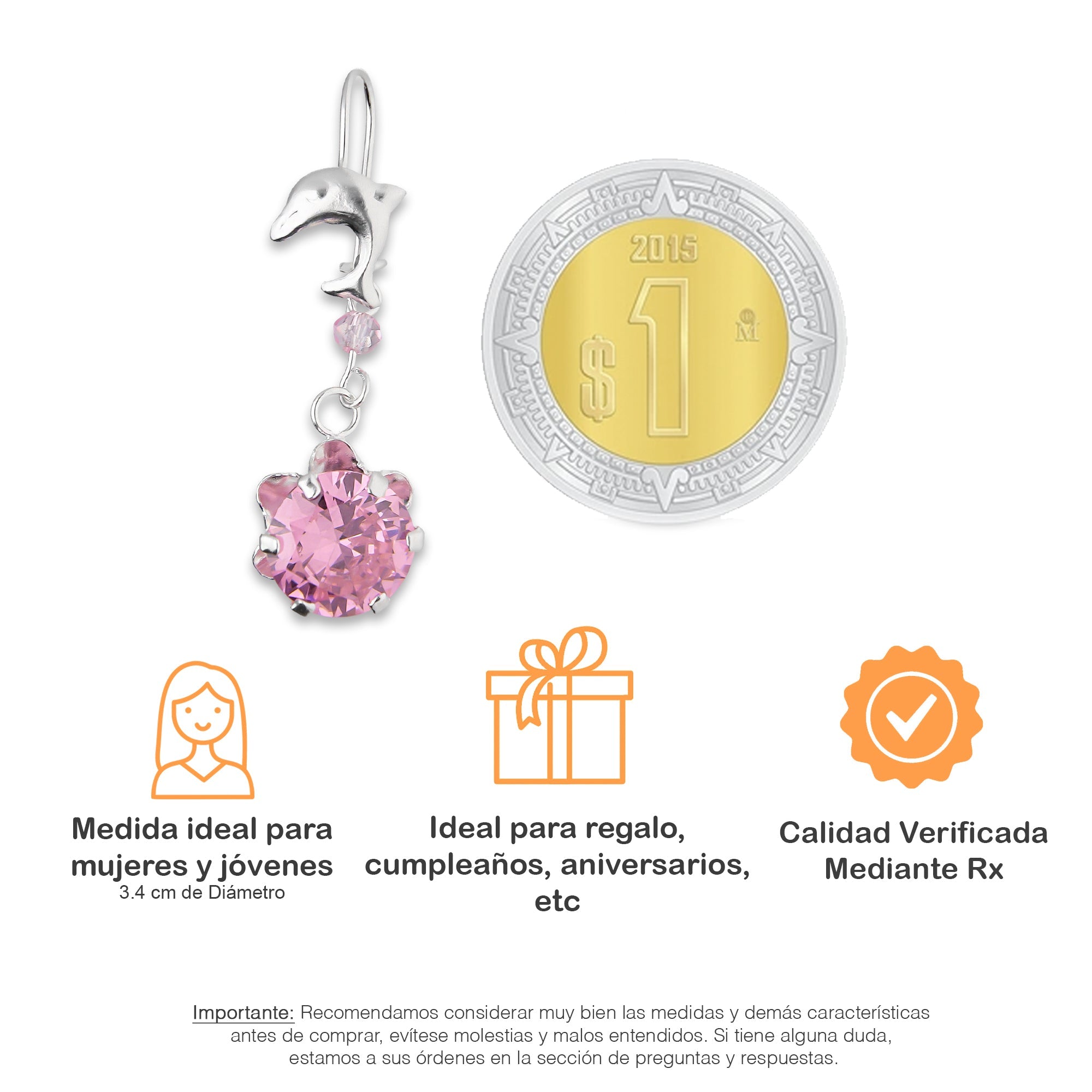 LPAA023 Aretes De Arillo Dama Delfin con Zirconia Redonda de 10 mm Rosa en Plata .925 MLM2855914505