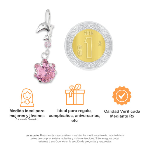 LPAA023 Aretes De Arillo Dama Delfin con Zirconia Redonda de 10 mm Rosa en Plata .925 MLM2855914505
