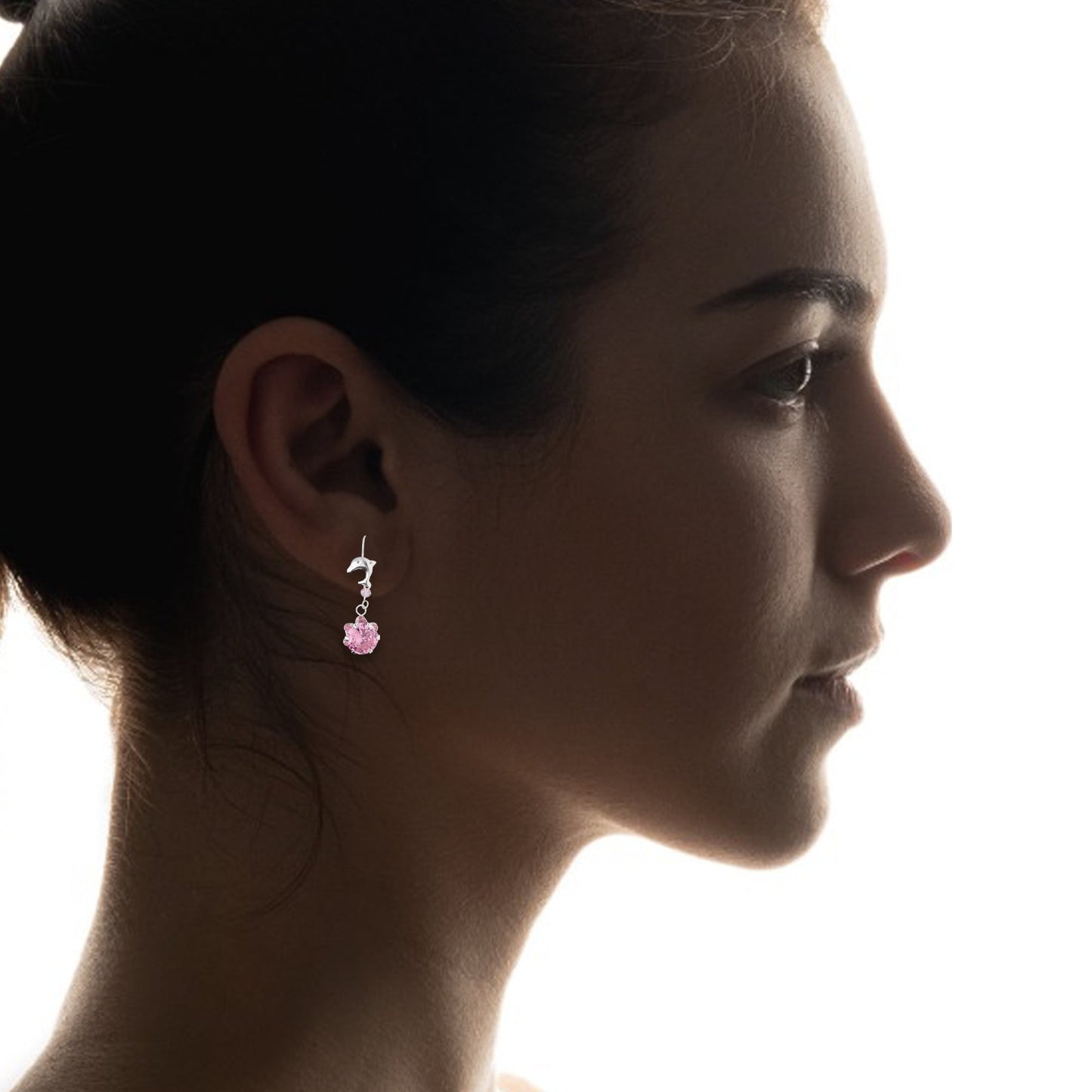 LPAA023 Aretes De Arillo Dama Delfin con Zirconia Redonda de 10 mm Rosa en Plata .925 MLM2855914505