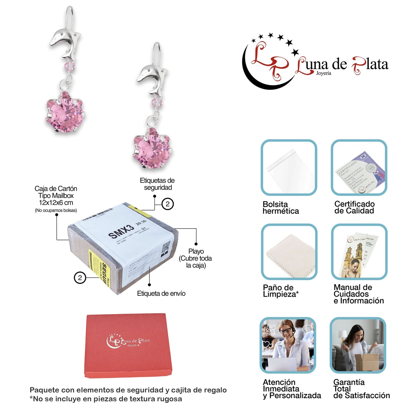 LPAA023 Aretes De Arillo Dama Delfin con Zirconia Redonda de 10 mm Rosa en Plata .925 MLM2855914505