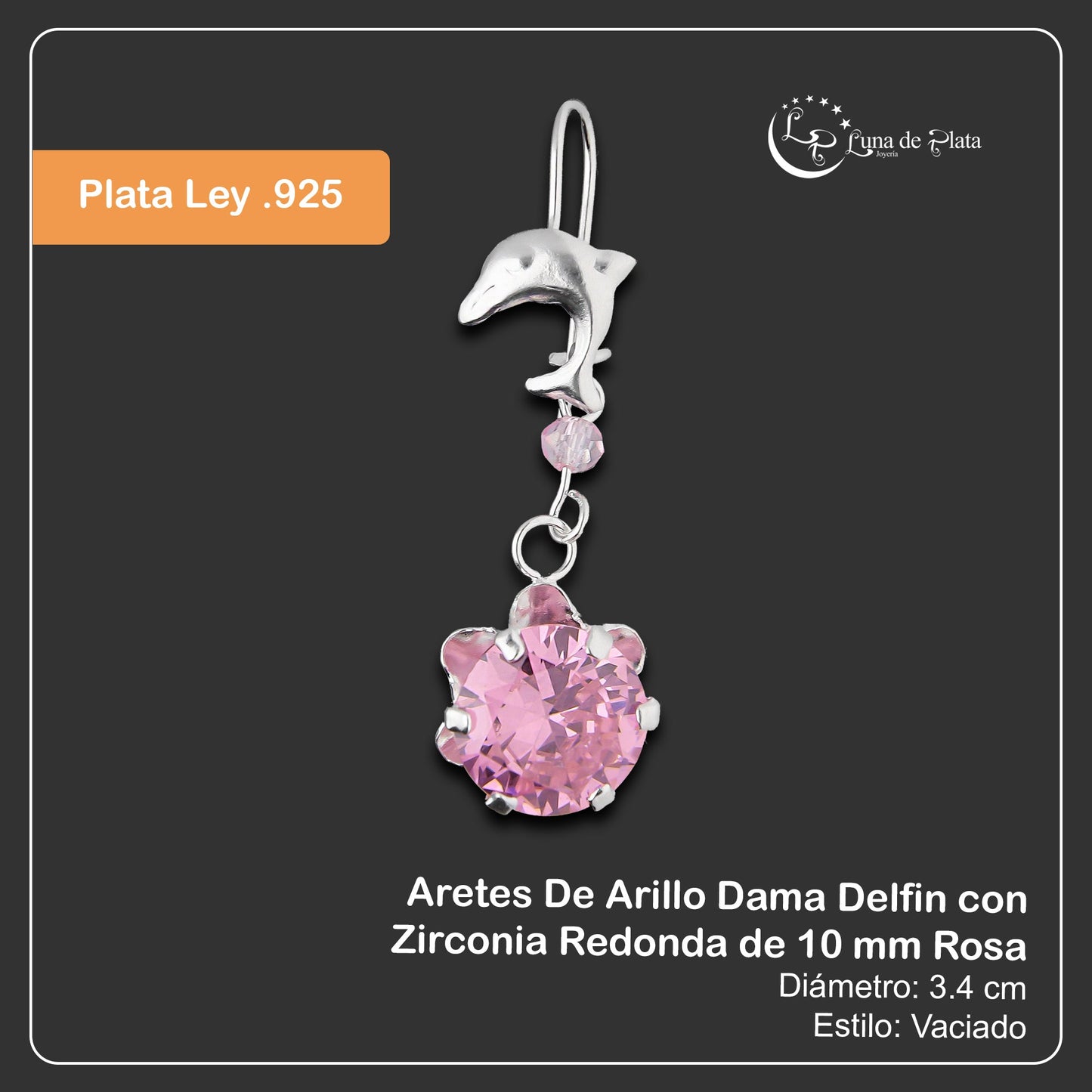LPAA023 Aretes De Arillo Dama Delfin con Zirconia Redonda de 10 mm Rosa en Plata .925 MLM2855914505