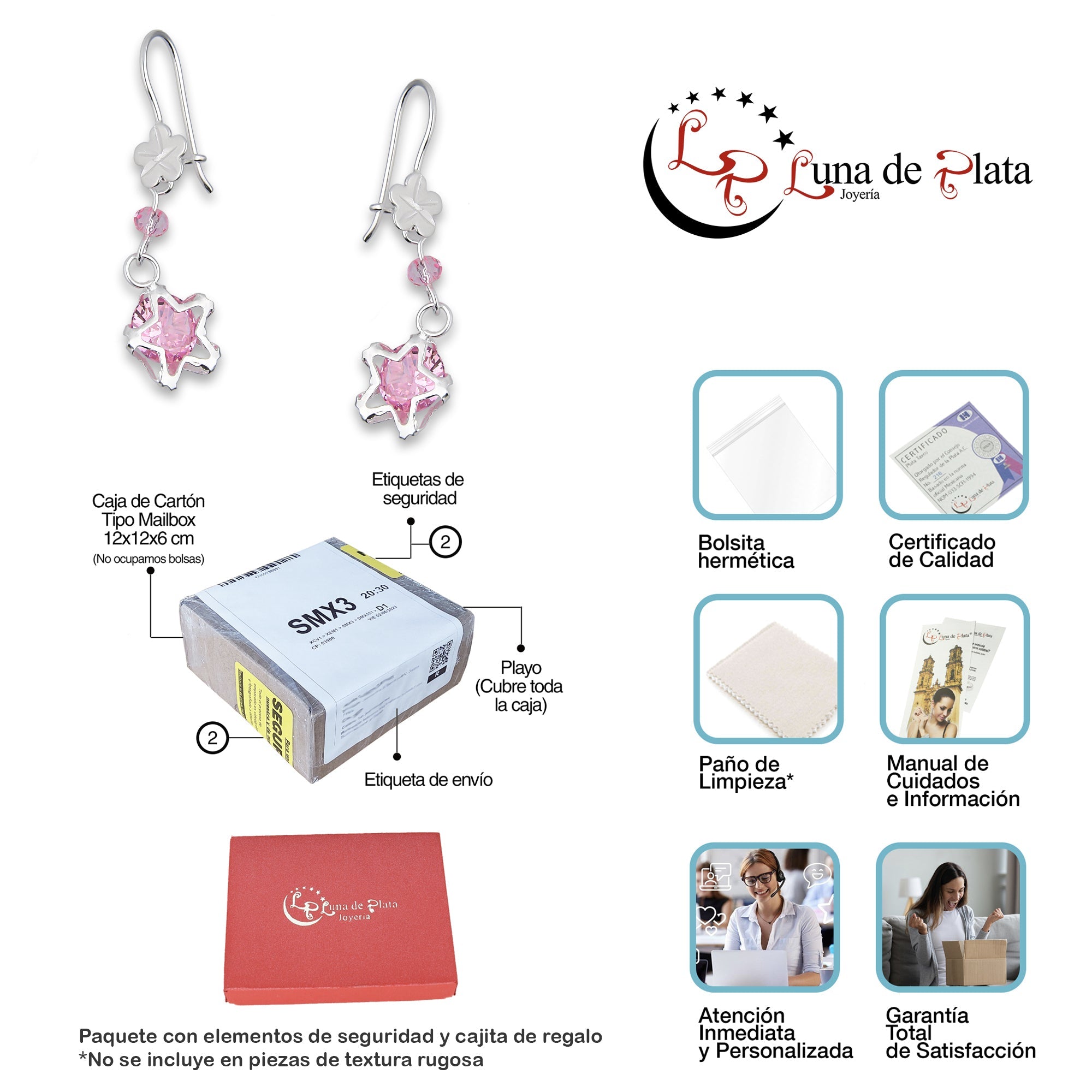 LPAA025 Aretes De Arillo Dama Estrella Colgante con Zirconia Rosa en Plata .925 MLM5165619254