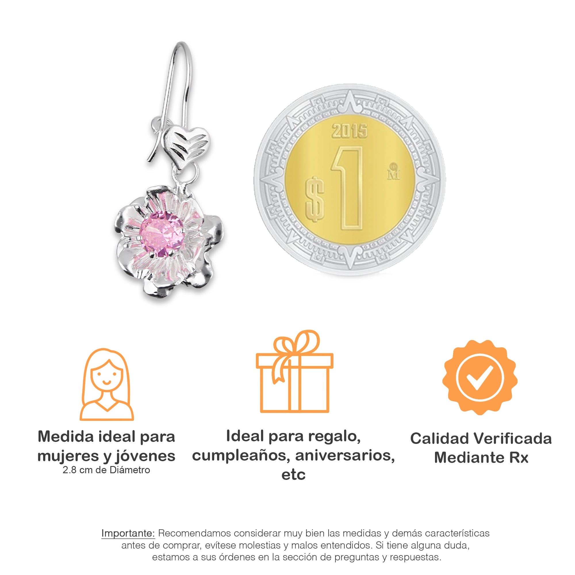 LPAA028 Aretes De Arillo Dama Clavel Colgante con Zirconia Rosa en Plata .925 MLM2855914517