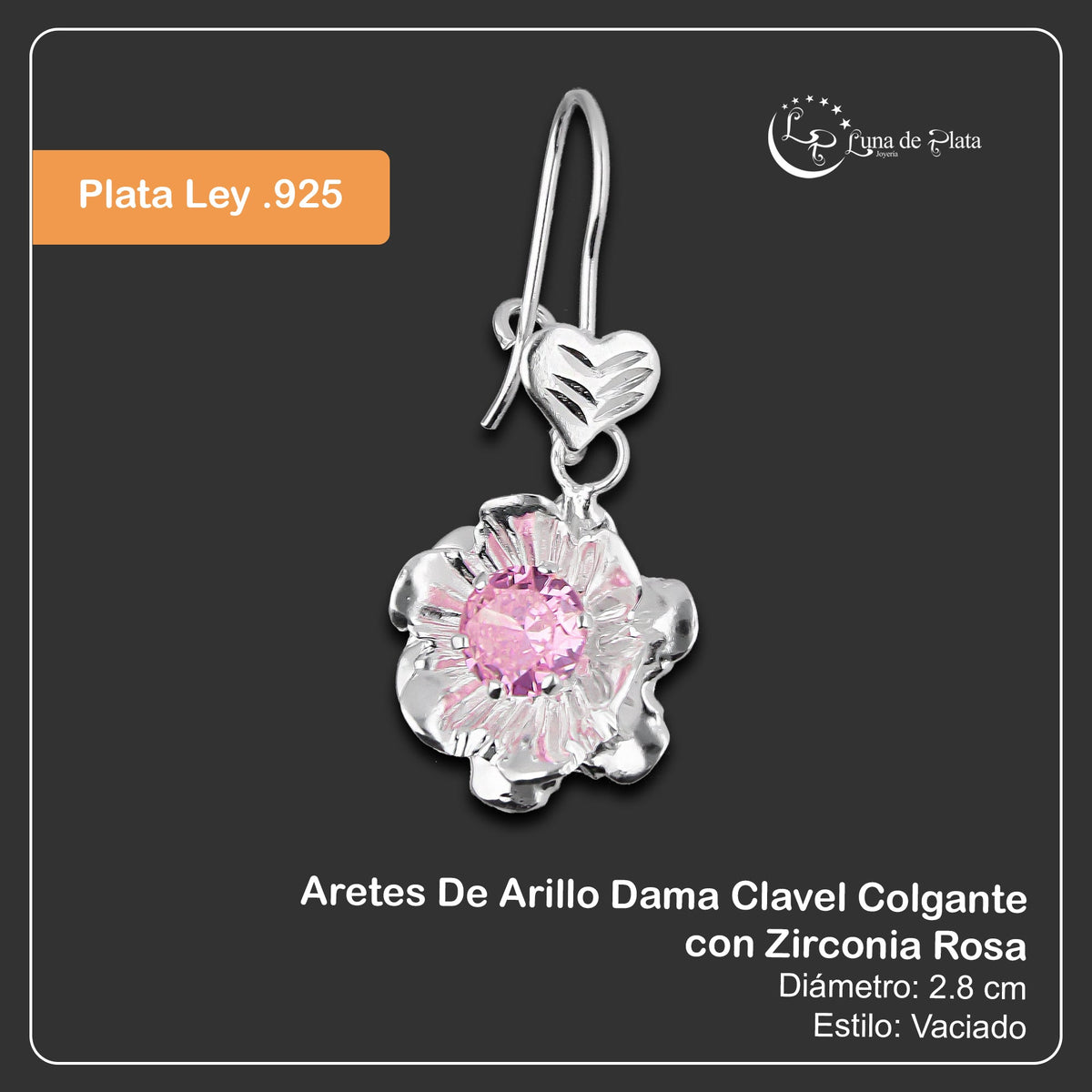LPAA028 Aretes De Arillo Dama Clavel Colgante con Zirconia Rosa en Plata .925 MLM2855914517