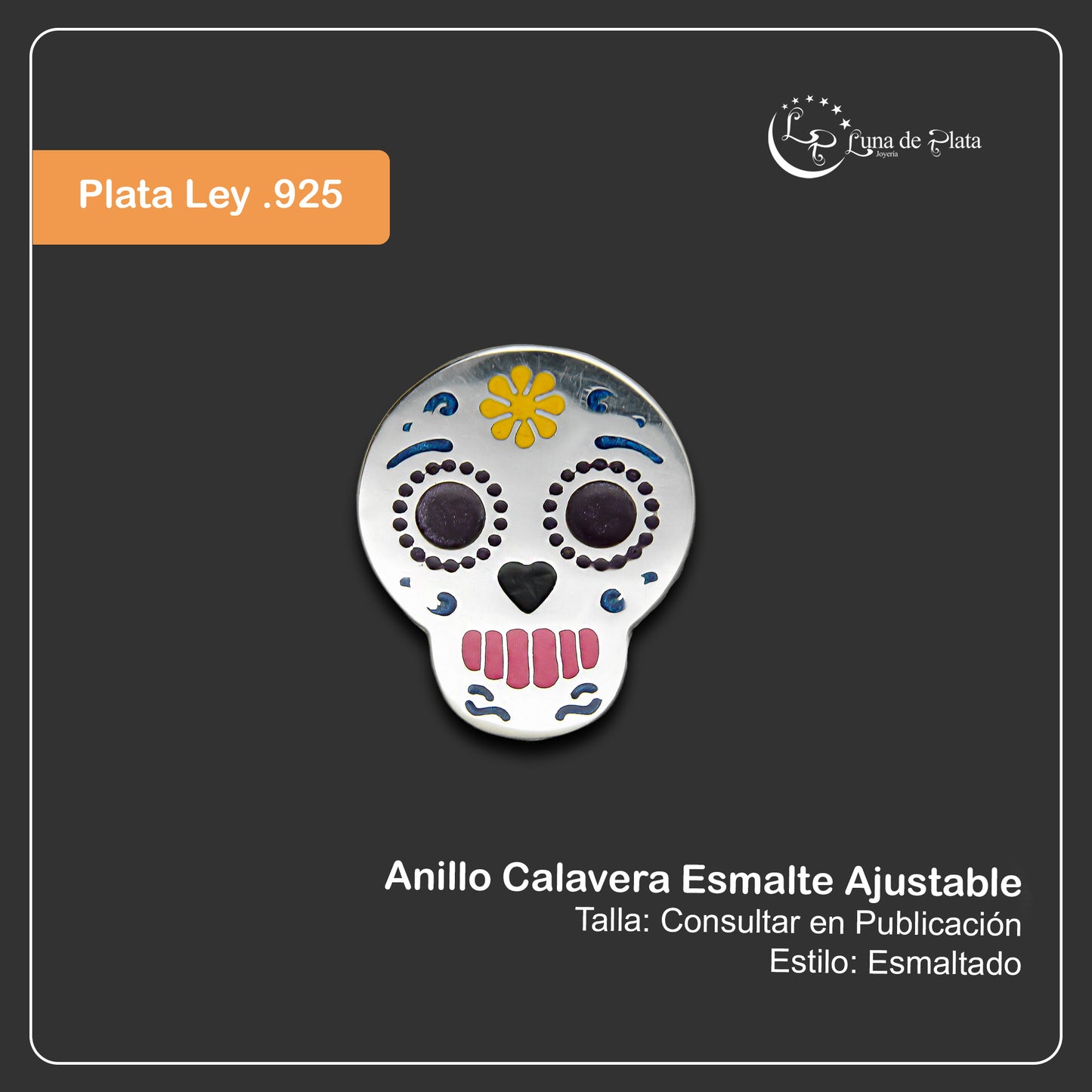 LPAD041 Anillo Calavera Esmalte Ajustable Plata .925 Taxco Gro 1352099498