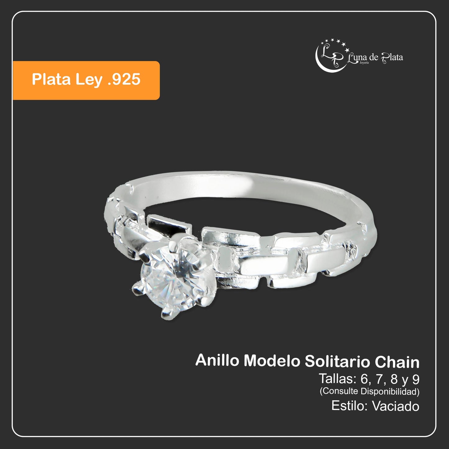 LPAD053 Anillo Modelo Solitario Chain Plata .925 Taxco Gro 2680661248