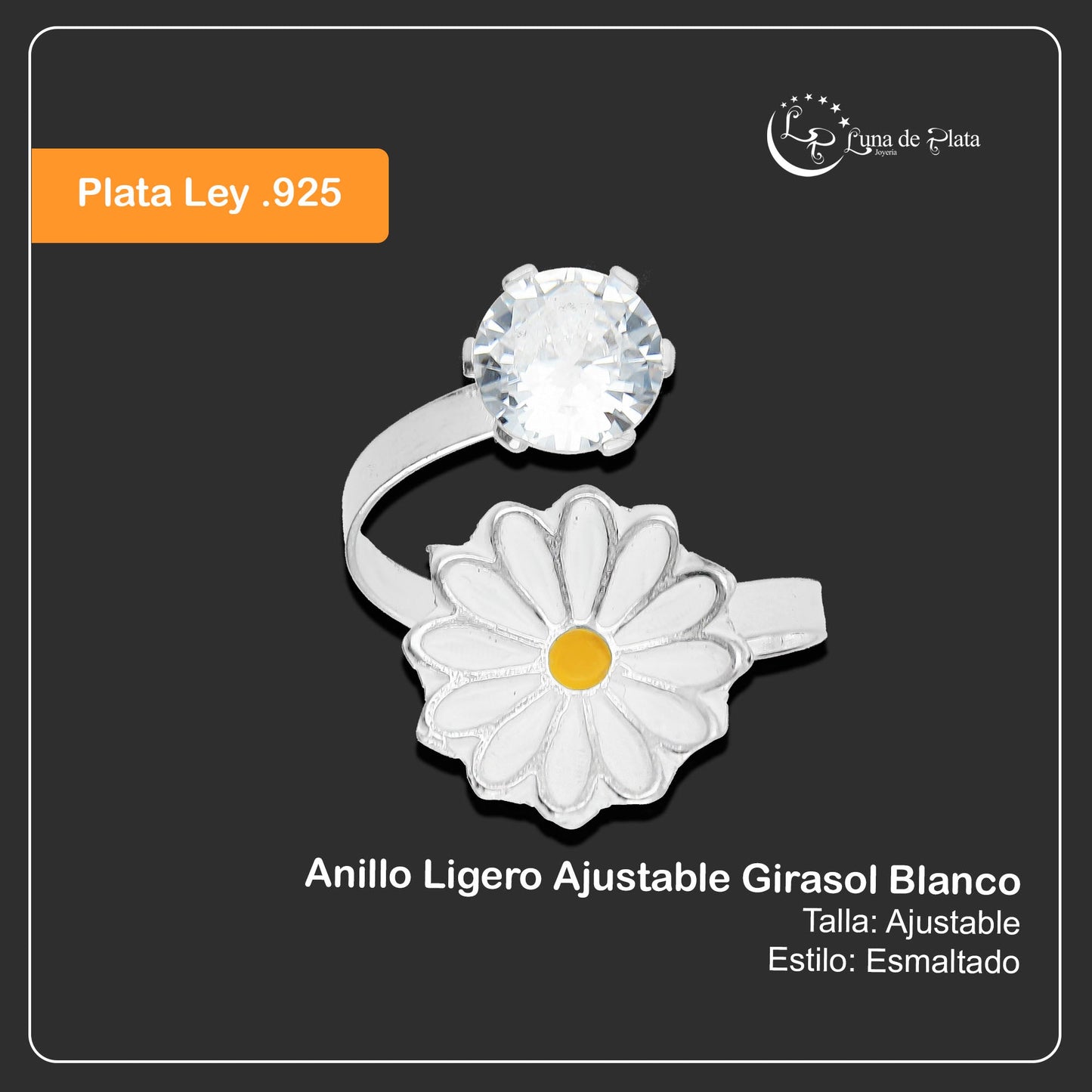 LPAD059 Anillo Ligero Ajustable Girasol Blanco Plata .925 Taxco Gro 2888569242