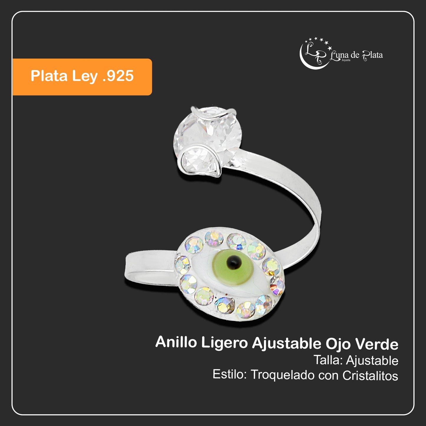 LPAD067 Anillo Ligero Ajustable Ojo Verde Plata .925 Taxco Gro 2022494811