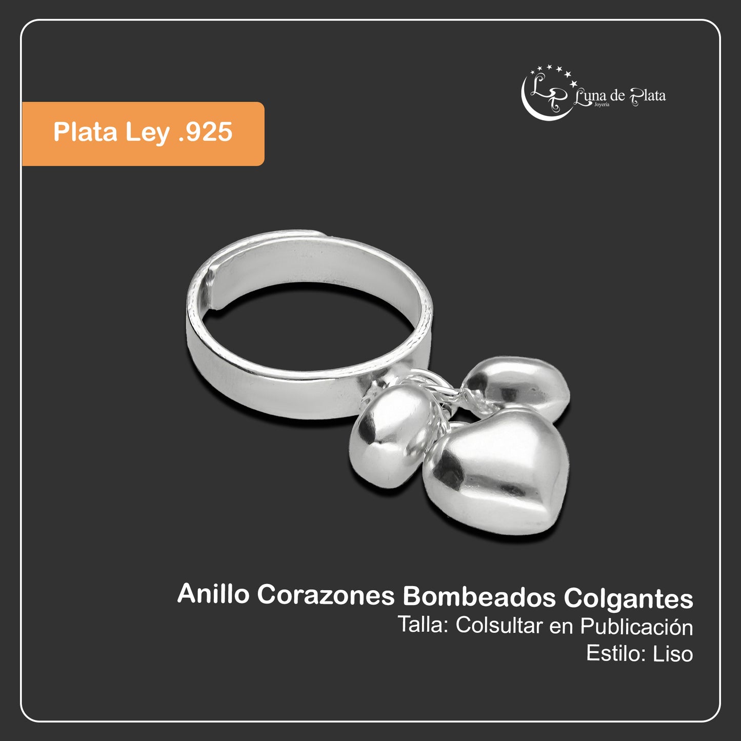 LPAD077 Anillo Corazones Bombeados Colgantes Plata .925 Taxco Gro 2098769403