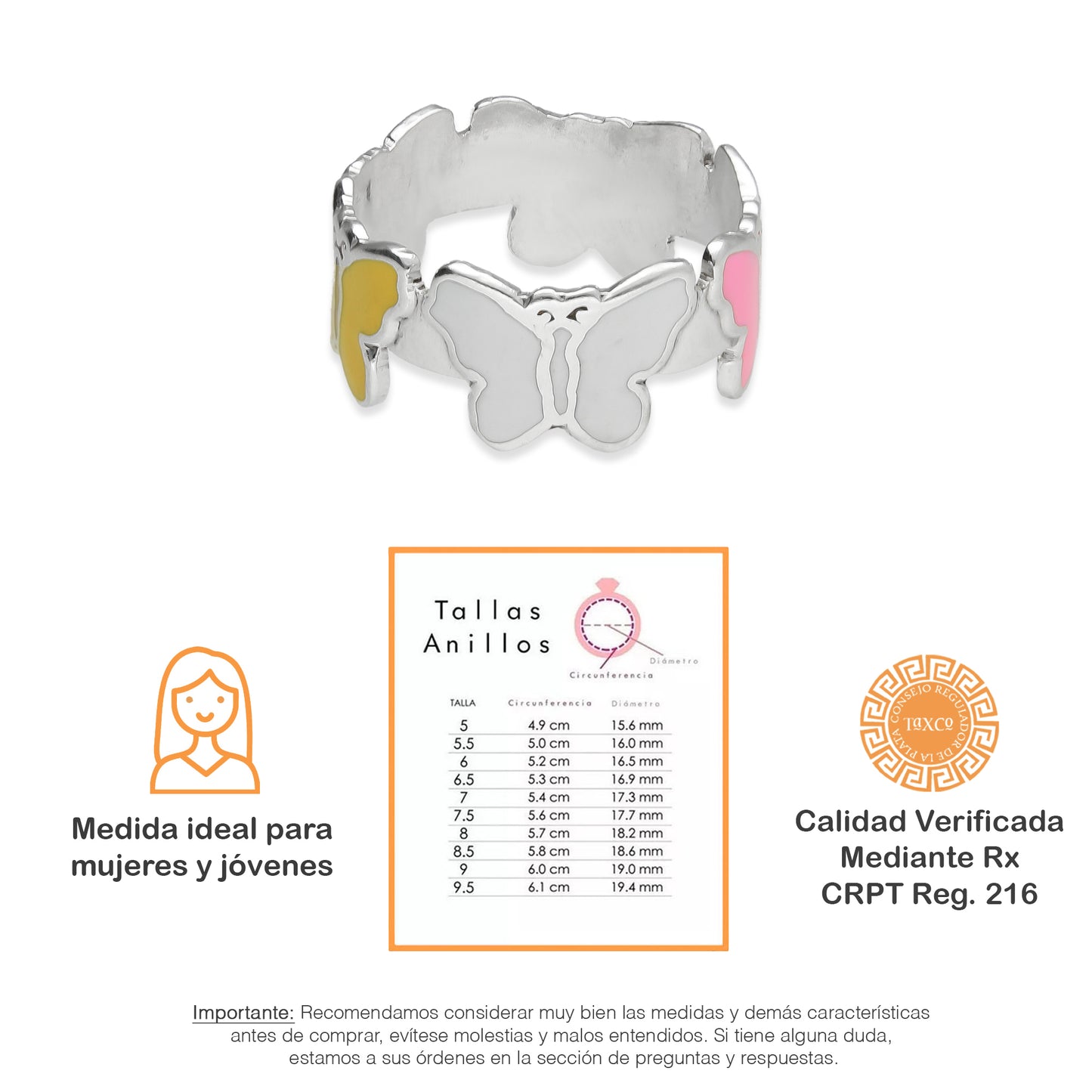 LPAD080 Anillo Modelo Mariposa Esmaltada Multi Plata .925 Taxco Gro 2098749637